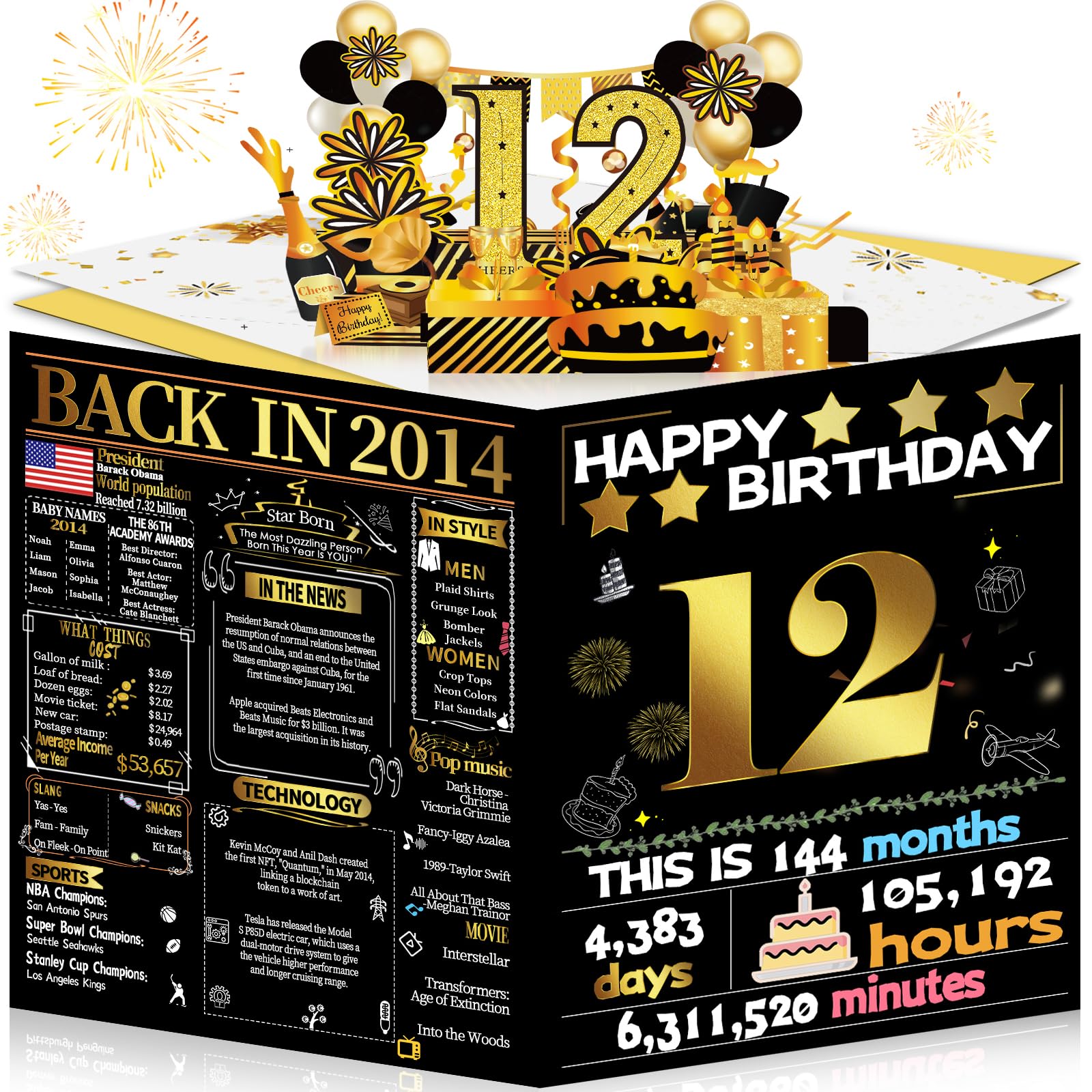 Joycard 12rd Birthday Card for Girl Boy, 3D Pop Up Happy Birthday Gift for Daughter Son, Funny 12 year old Birthday Decorations for Grandson Granddaughter, Back in 2014 Laser Gold Retro Theme