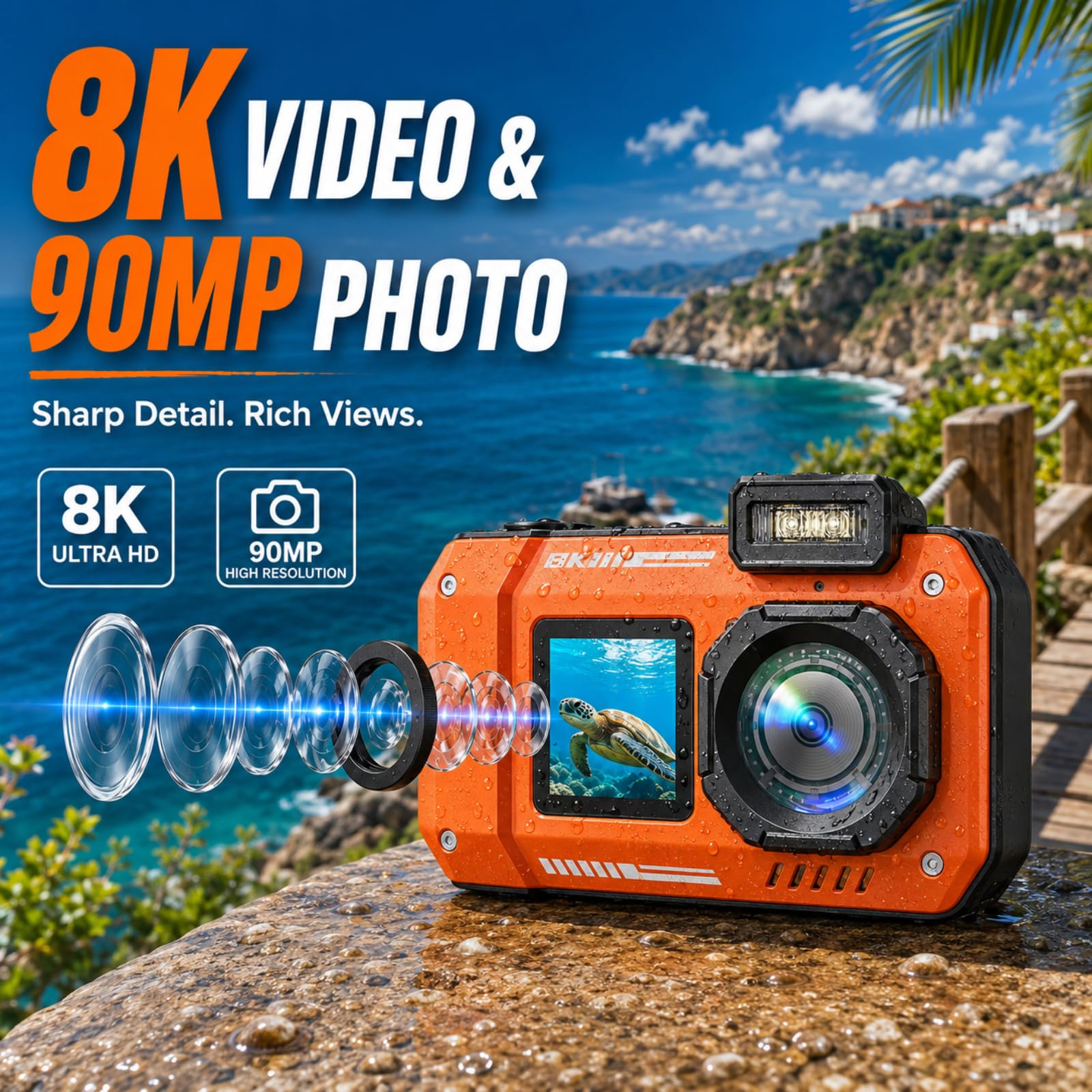 MaxMango D50 33FT Cámara Digital Impermeable, 8K 70MP Cámara Acuática con 16 GB, Cámara de Fotos con 2.88" Doble Pantalla 18x, Resistente al Polvo y a los Golpes, Autofocus - Naranja