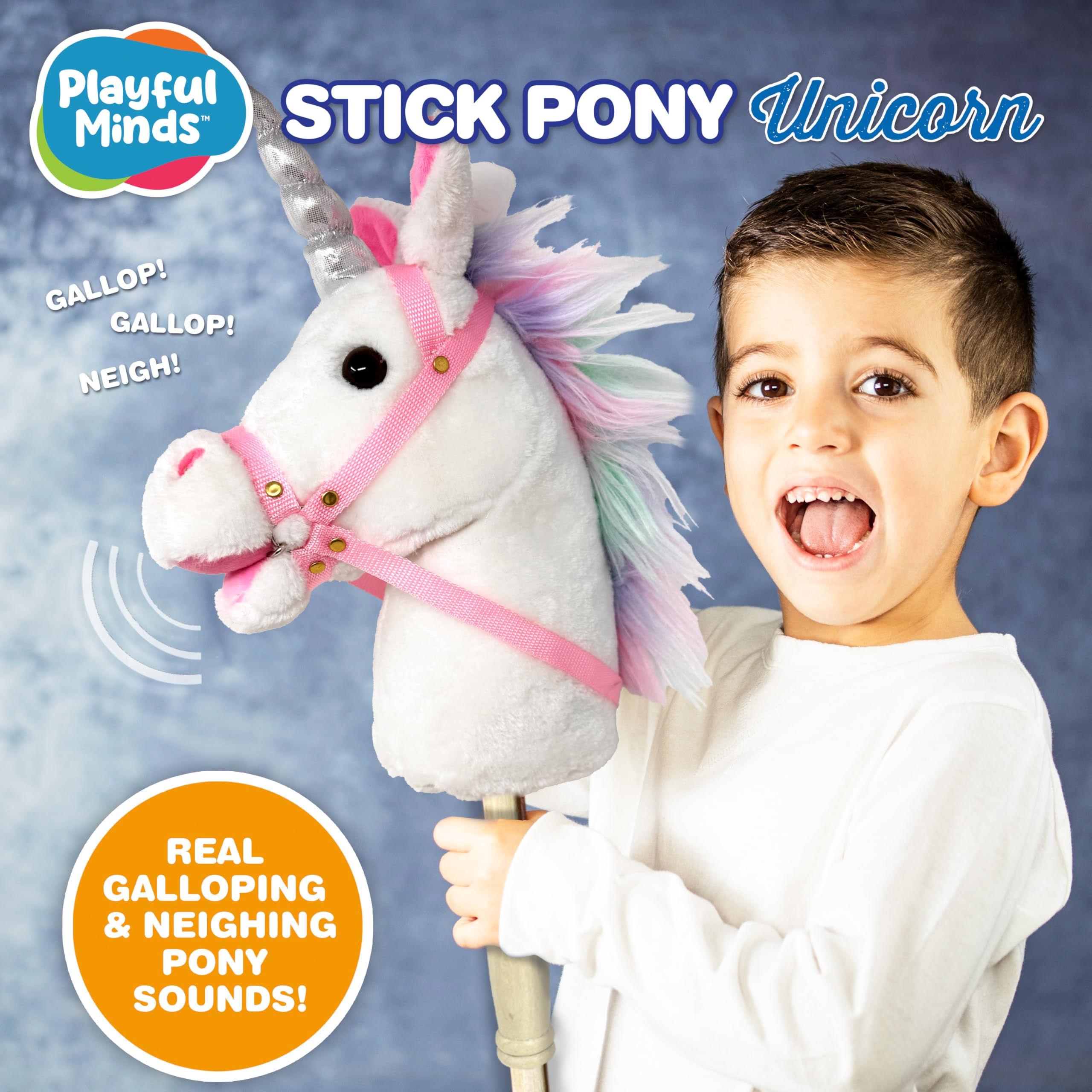Stick Horse | Palo de caballo de peluche hecho a mano proporciona un divertido juego de simulación para niños pequeños y preescolares | Cosido a mano, madera resistente y efectos de sonido (unicornio) 5