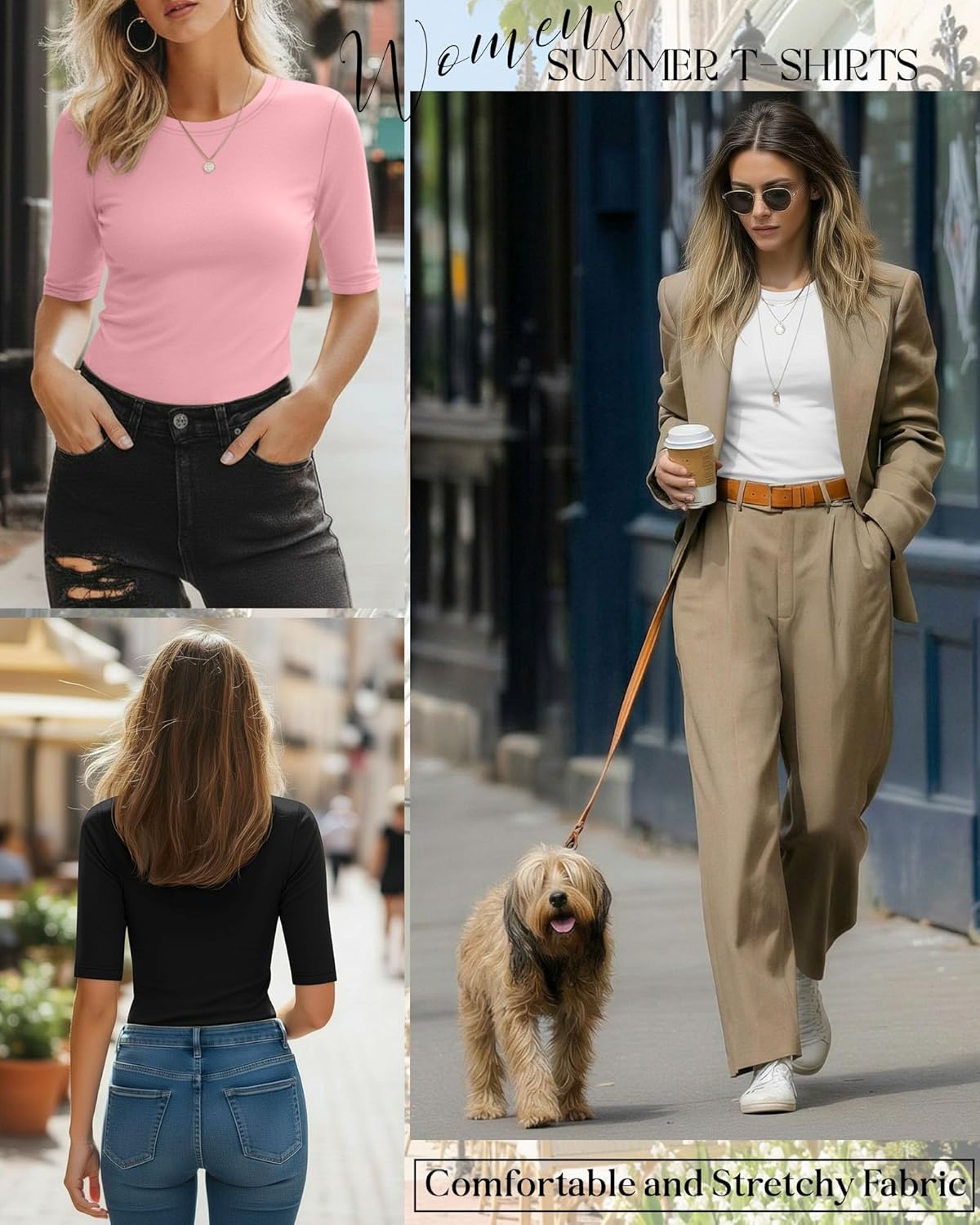 Riyiper 3 Pack Women's Half Sleeve Tops Crewneck 1/2 Sleeve T Shirts Elbow Length Tops Slim Fit Cotton Blend Basic Tees - Image 5