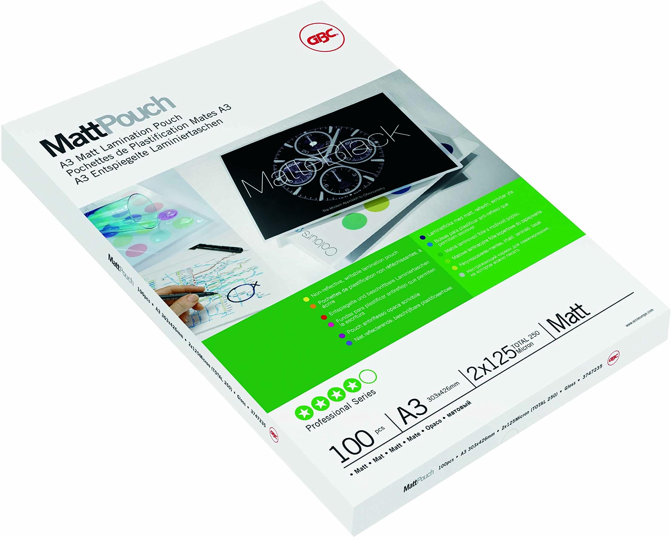 GBCA3 2x125 Micron Matt Laminating Pouches, Pack of 100, 3747235,White,2 x 125