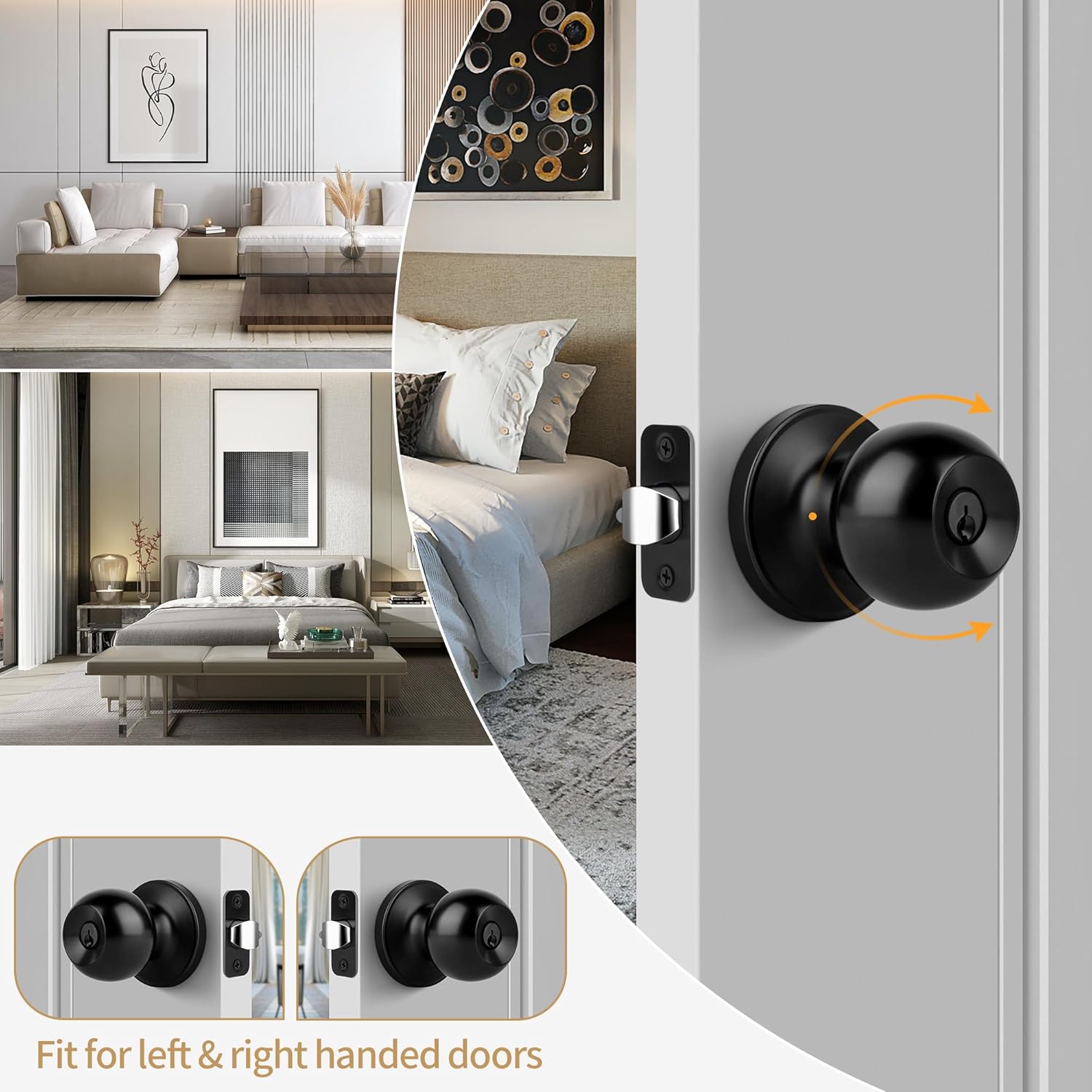 Keyed Entry Door Knob, Ball Design Doorknob for Interior Exterior, Reversible Round Door Lock for Front Entrance Doors, Matte Black