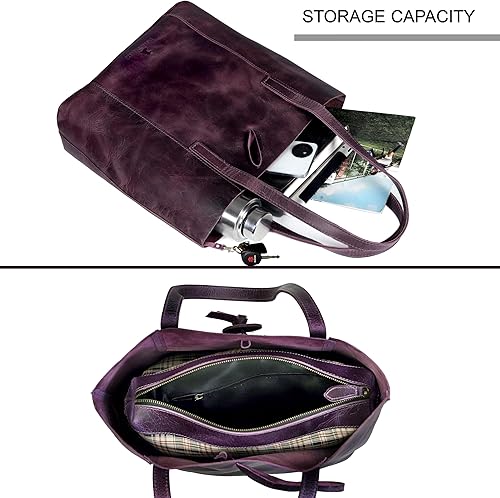 Miniatura 8 de Bolso tote de cuero genuino para mujer - Bolso clásico morado, bolso de hombro y portátil