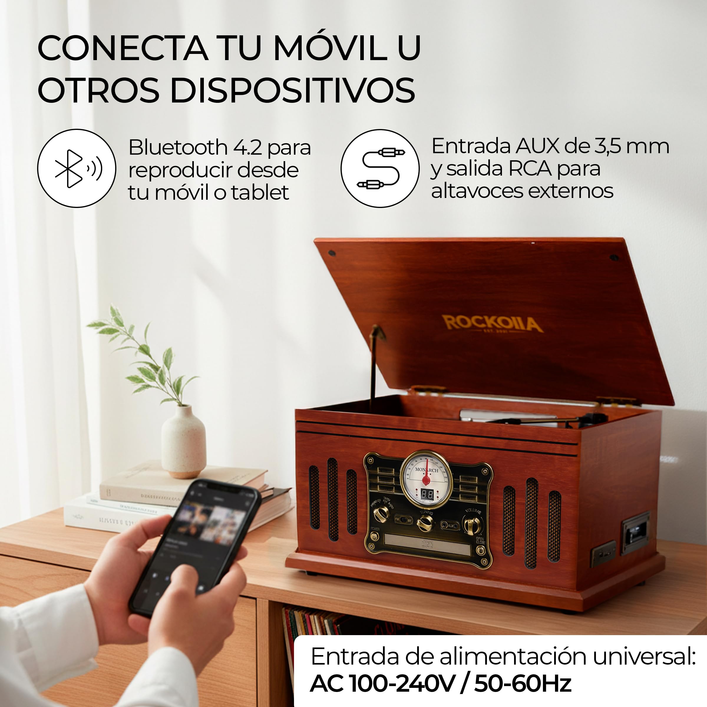 Tocadiscos Retro Bluetooth de Vinilo, Altavoces Estéreo【33/45/78 RPM】 Giradiscos Vintage | Radio FM, Cassette, CD, MP3, USB, SD, Grabadora | Salida RCA/Aux In (Monarch)