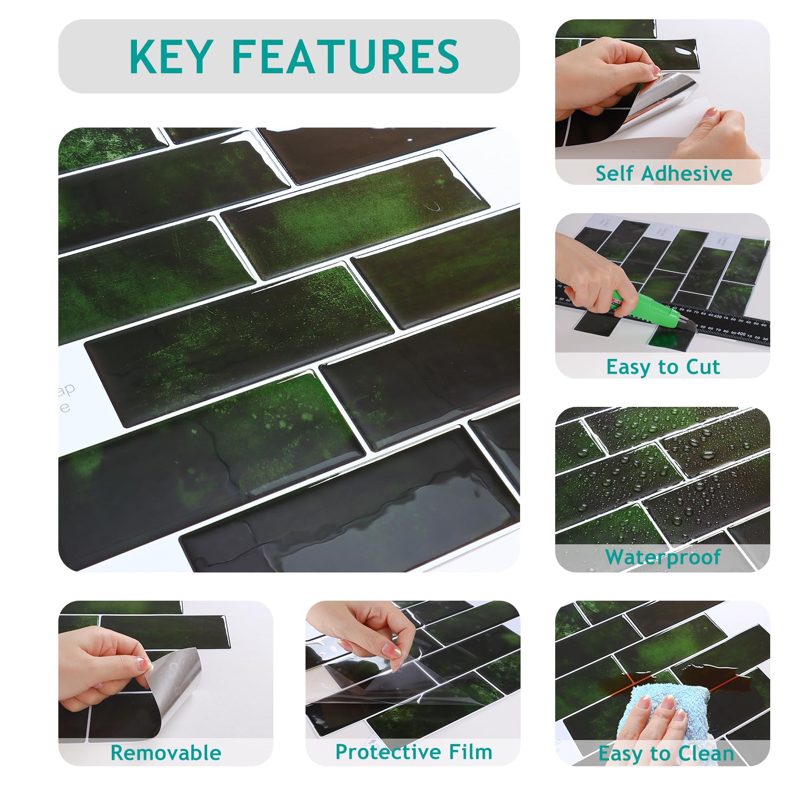 VEELIKE Azulejos Adhesivos Baño Rectángulos Verde Oscuro 3D Baldosas Adhesivas Pared Cocina Vinilos Baño Impermeable Azulejos Vinilo Adhesivo Cocina Pegatinas de Baldosas 30.5cm×30.5cm 24 Piezas