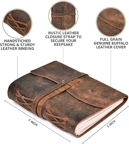Vista 55 de LEATHER VILLAGE Diario encuadernado en cuero, marrón rústico, 7 x 5 pulgadas, 220 páginas, diario vintage de papel en blanco para escribir, dibujar