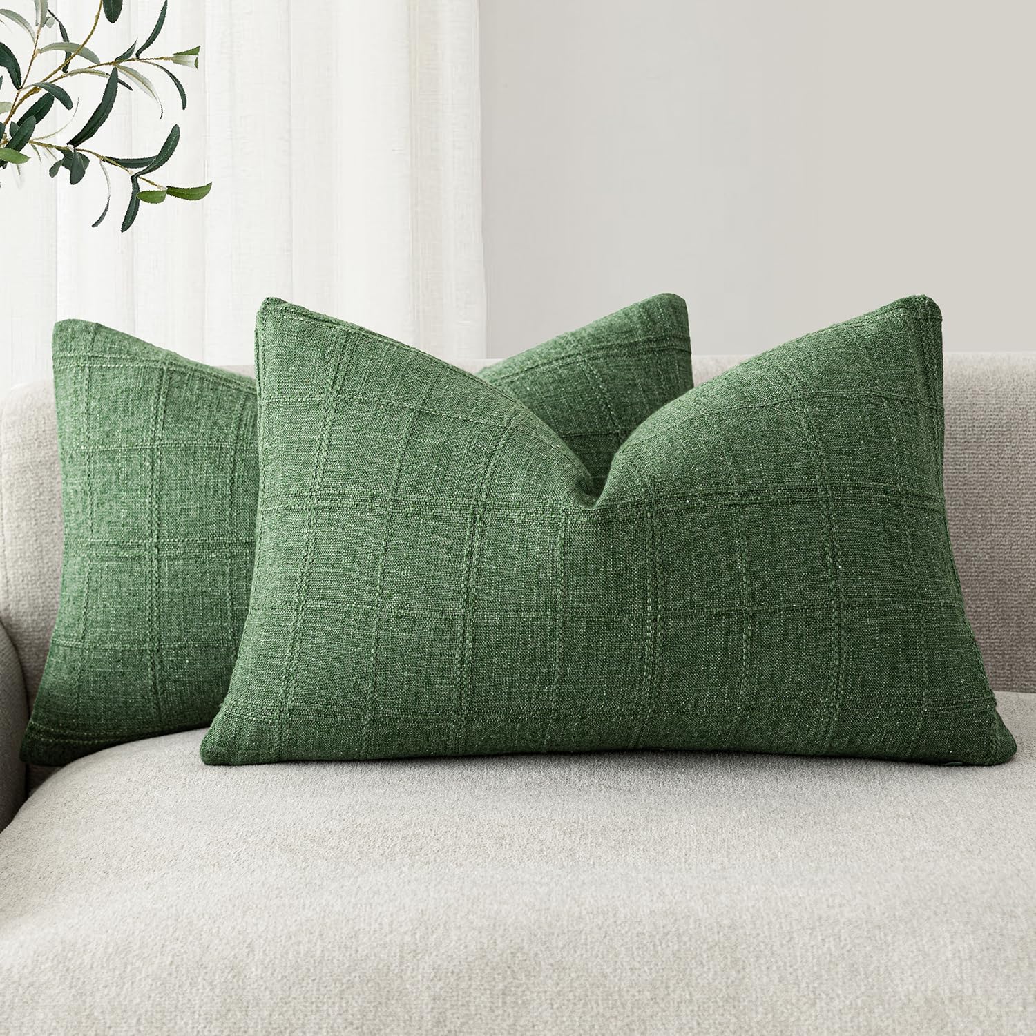 Foindtower Vintage Linen Check Lumbar Throw Pillow Cover 12×20 Forest Green