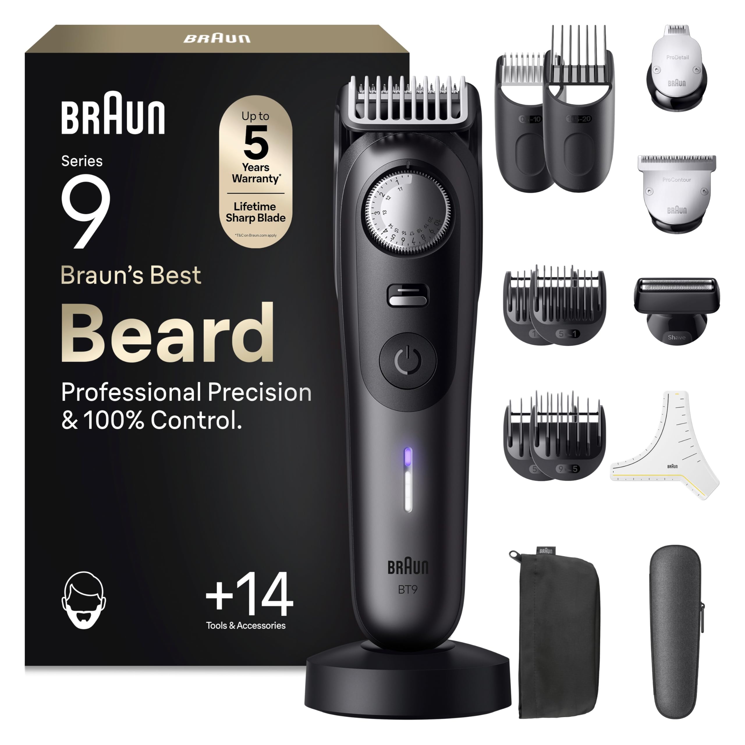 Braun Recortadora de Barba Series 9 BT9565, Titanio - Barbero Recargable Resistente al Agua, +14 Accesorios para Barba, 180 Min de Autonomía, 52 Longitudes, Lámina Ultra Afilada