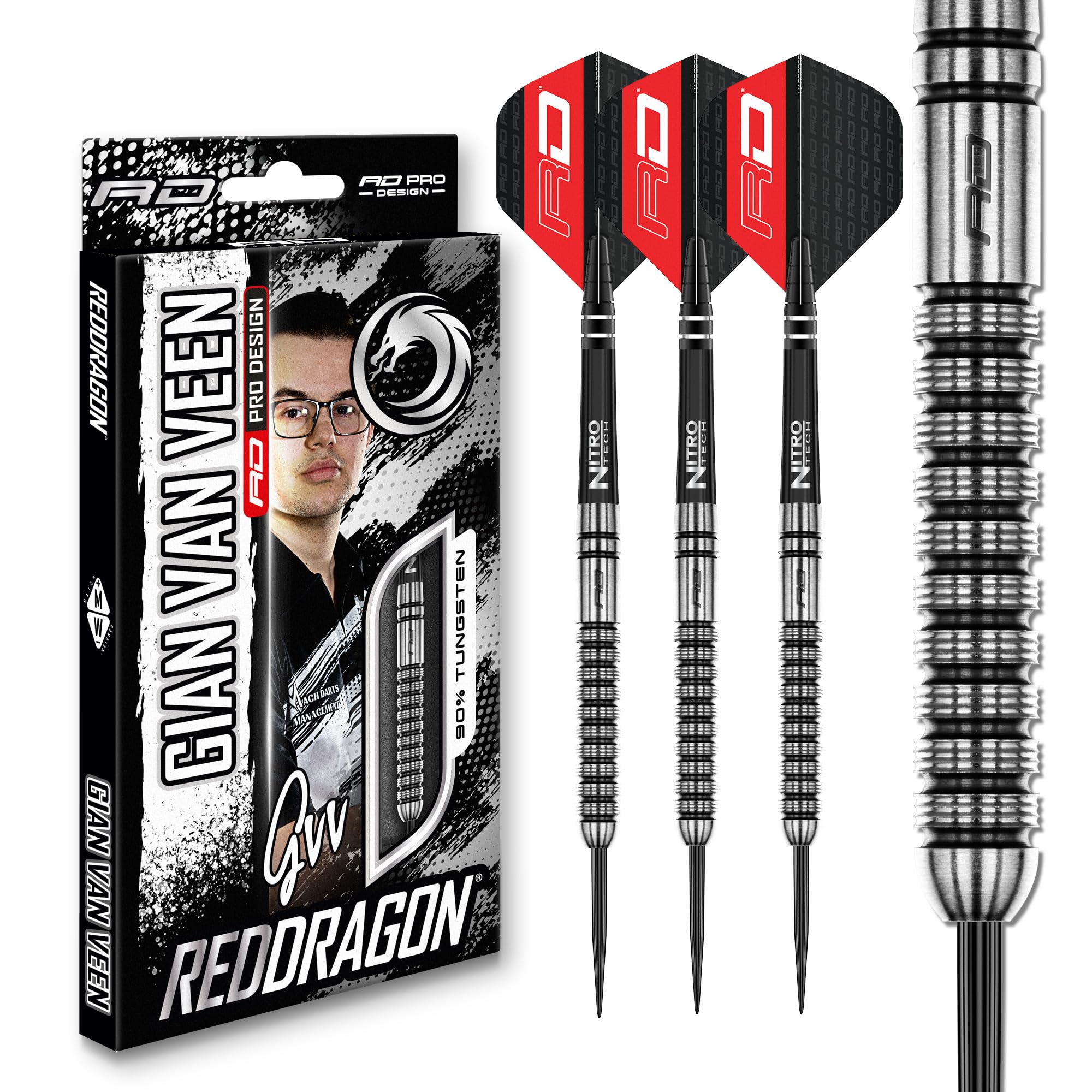 RED DRAGON Gian Van Veen Juego de Dardos de tungsteno Premium con Plumas y vástagos