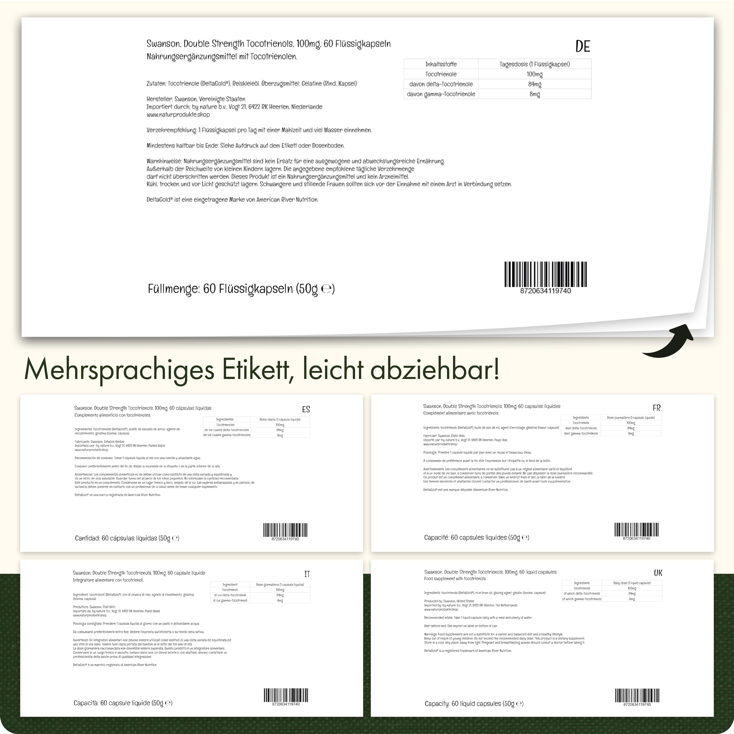 Swanson, Double Strength Tocotrienols, 60 glutenfreie Kapseln, 100mg Vitamin E je Dosis, Sojafrei, GMO frei, Geschmacksneutral