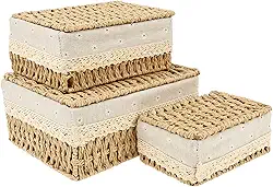 3 cestas retangulares de tecido, cestas de armazenamento de prateleira de vime com tampa, incluindo tamanhos grande, médio e pequeno, feitas de vime de qualidade, organizador de vime para banheiro e