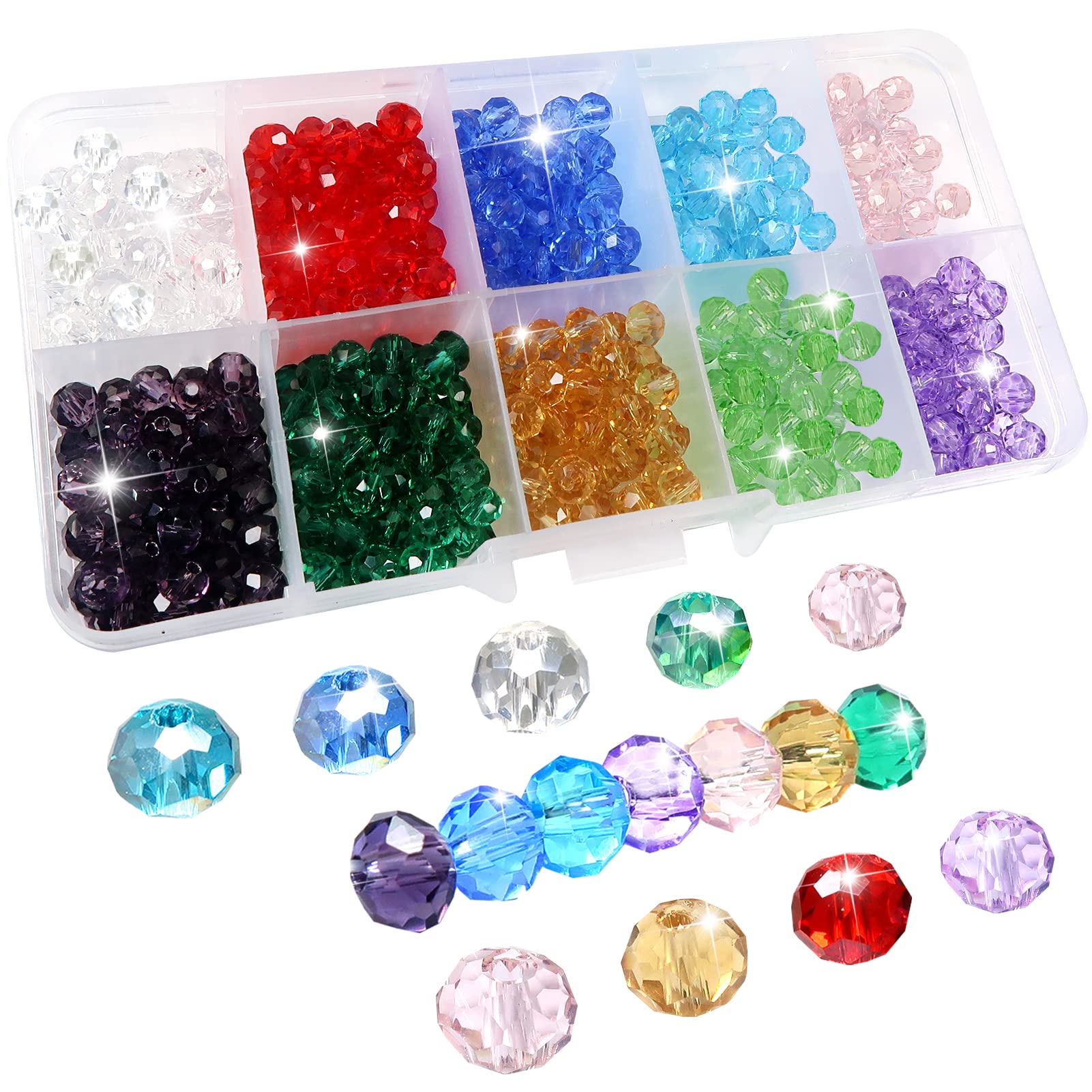 TOAOB 500 Piezas Cuentas de Vidrio 6 mm Cuentas de Cristal Facetado Checas 10 colores Transparentes Redondas Abalorios de Cristal para Hacer Bisuteria y Manualidades Collares Pulseras Accesorios