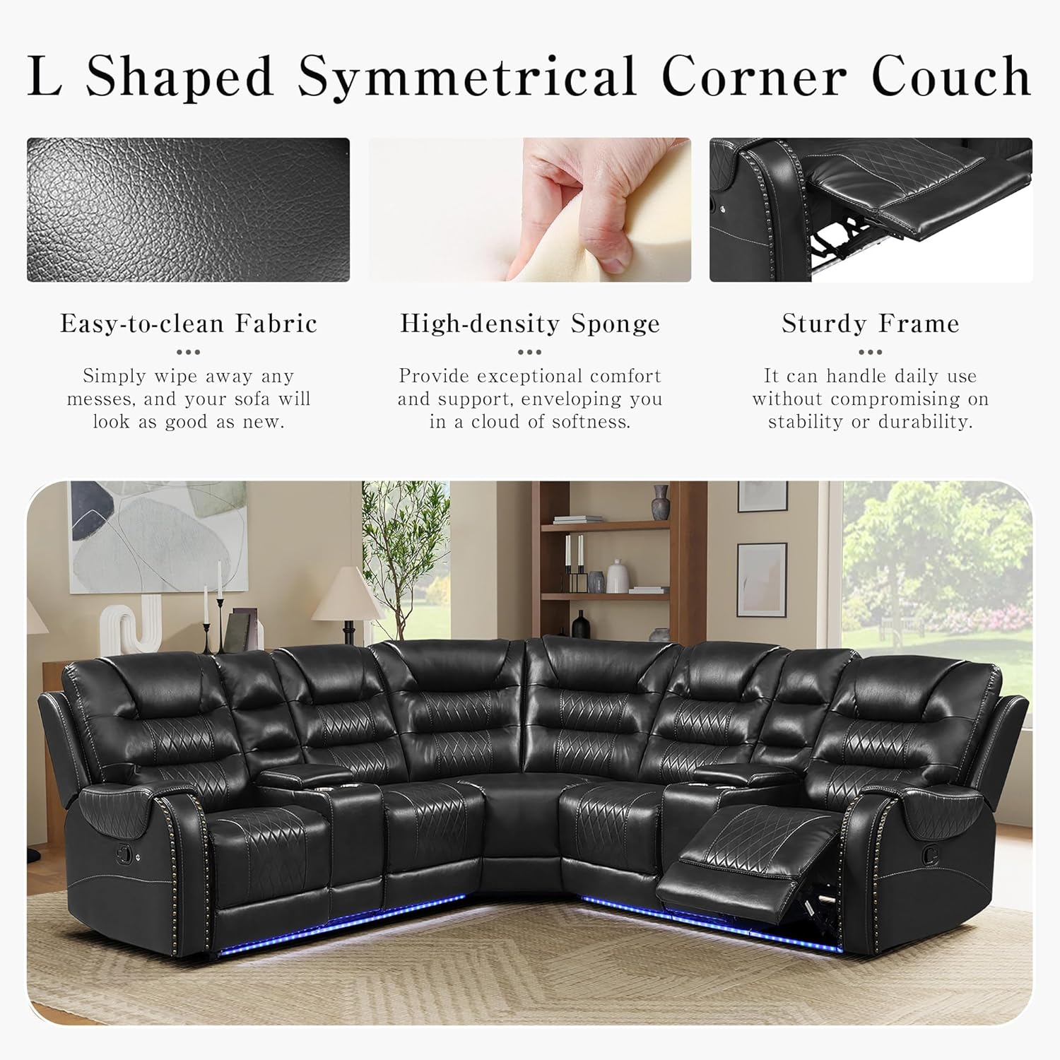 Harper & Bright Designs 113.5" Manual Reclining Sectional Sofa Set L Shaped Symmetrical Motion Sofa Corner Couch Sets with Storage Boxes, 4 Cup Holders and LED Light Strip for Living Room,Black
