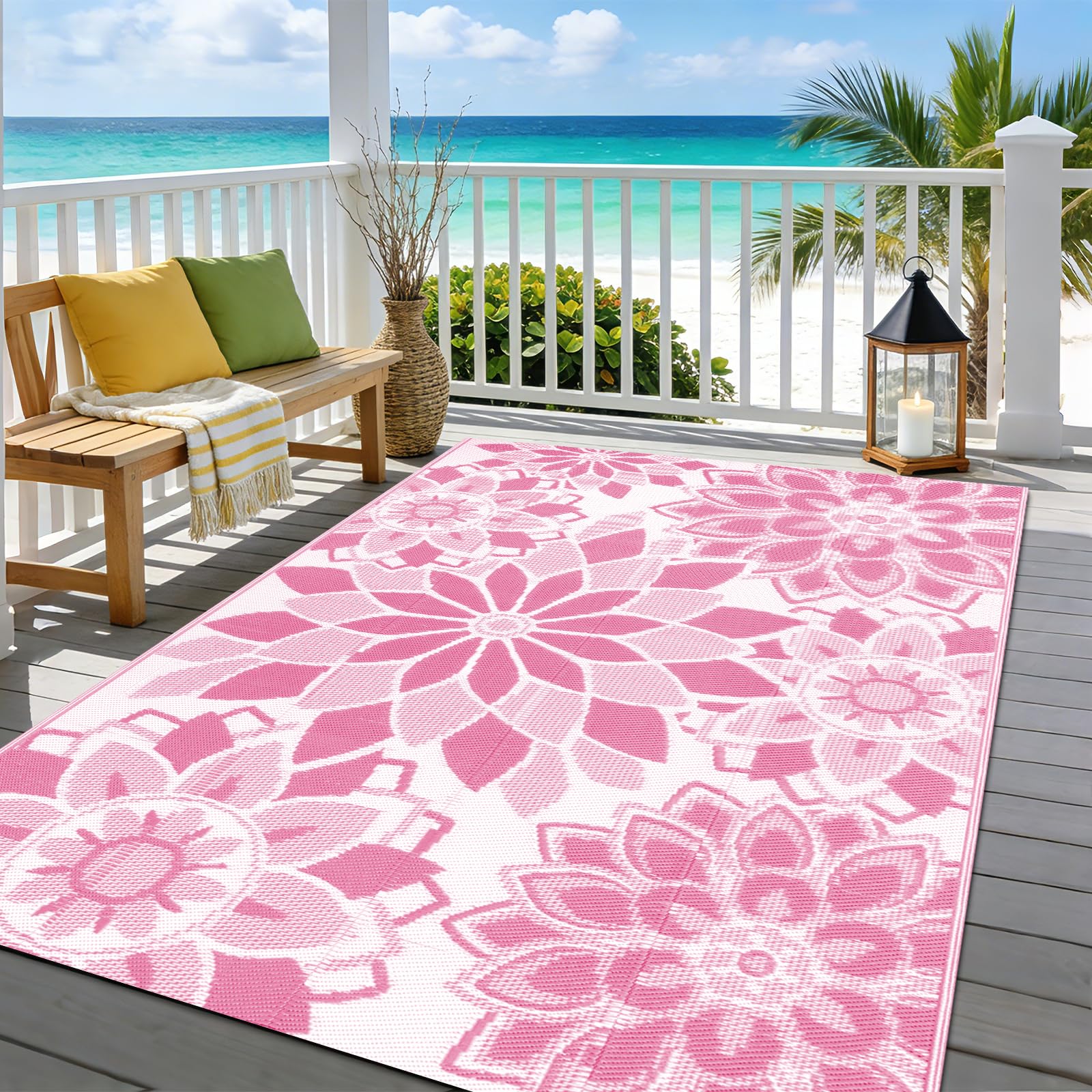 Enyhom Extra Large Outdoor Rug Waterproof 240 x 300 cm, UV Resistant Reversible Garden Carpet Easy Cleaning, Foldable Plastic Patio Mats for Camping Deck Picnic Backyard RV, Pink — image 1