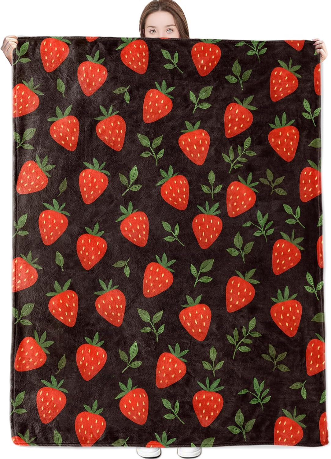 Strawberry Blanket Sweet Red Fruit and Leaf on Black Background Throw Blankets Lightweight Flannel Throws for Camping Couch Chair Office Bed Home Decor Gifts for Adults,60x50inch