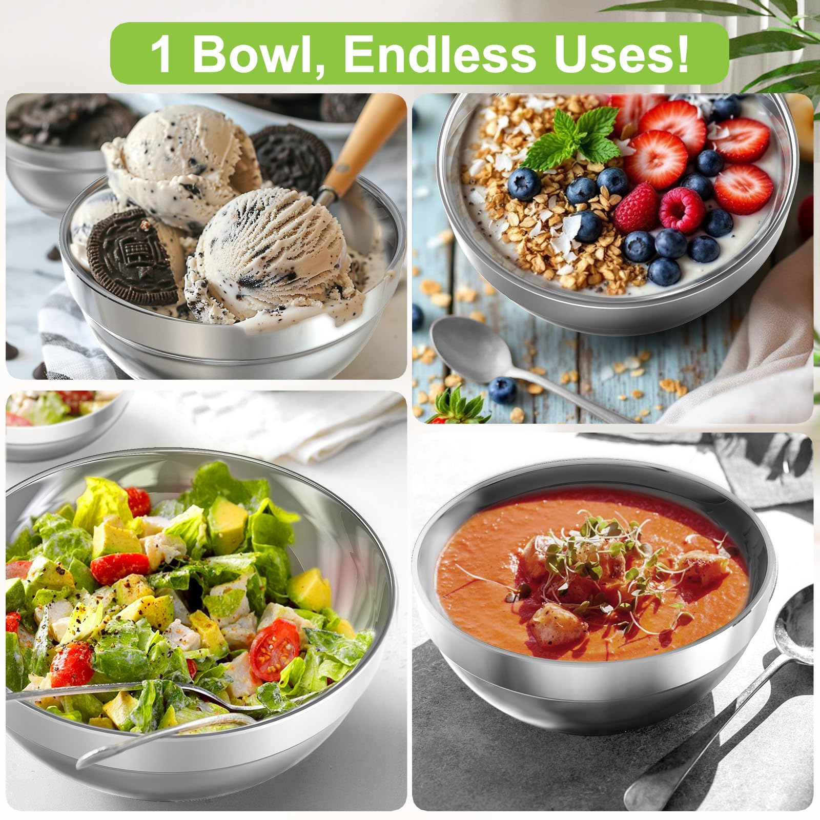 Lot de 20 bols en acier inoxydable en vrac, 610 ml, taille moyenne, SUS304, à double paroi, isothermes, empilables, en métal pour restaurant, salade, crème glacée, soupe, riz