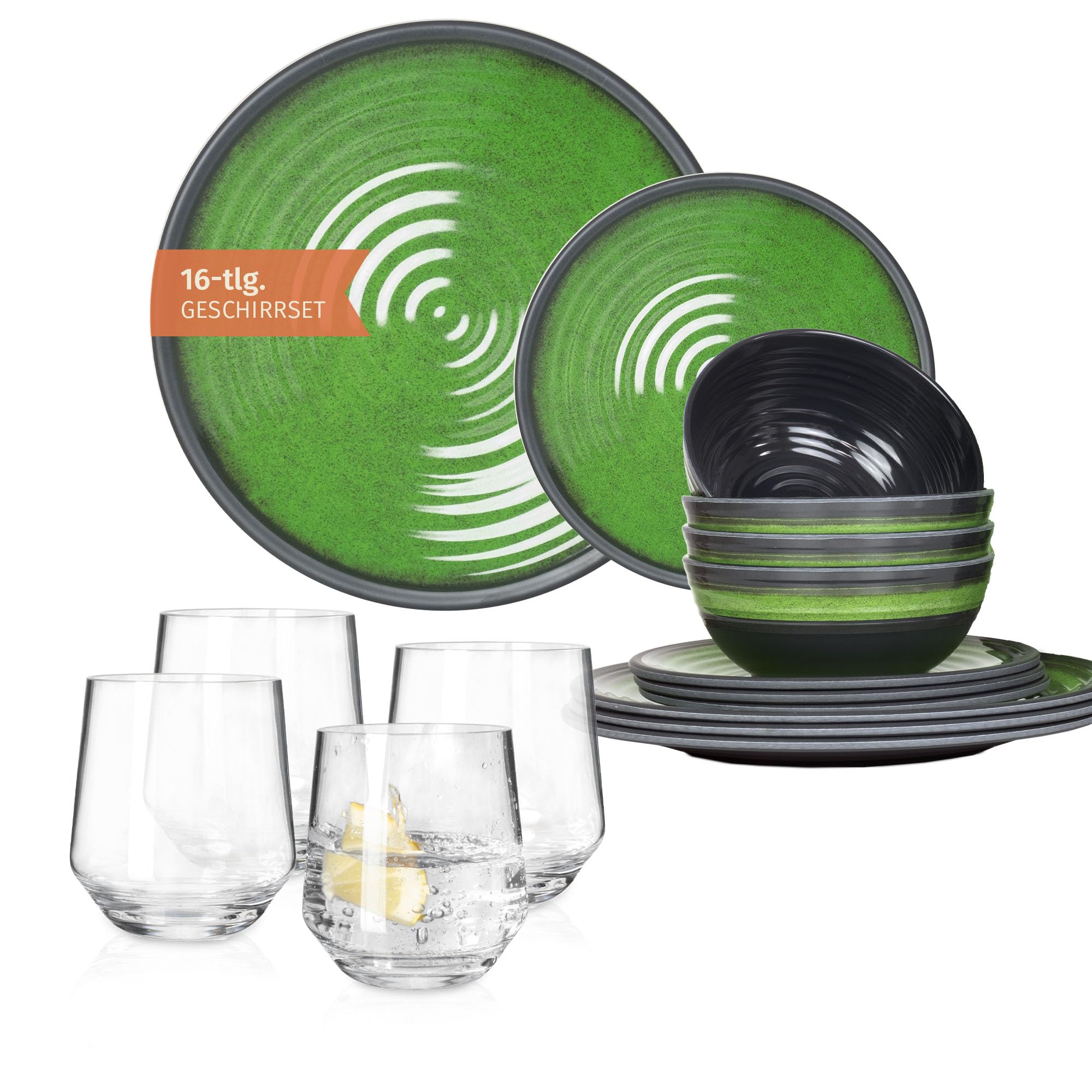 Vajilla de melamina para camping, 4 personas, color verde piedra + 4 vasos Milano vasos de agua, vajilla de pícnic, barbacoa