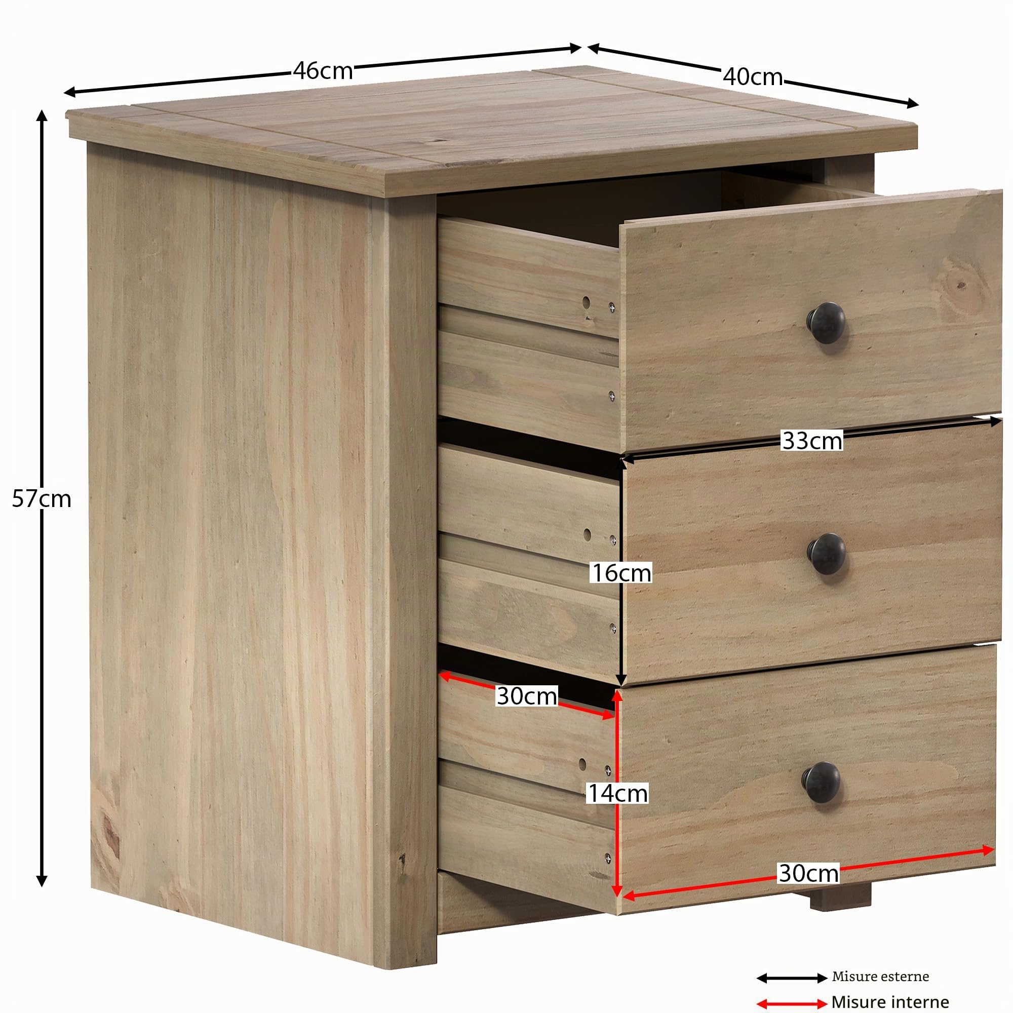 Vida Designs Panama - Comodino con 3 cassetti, in rovere naturale cerato, per camera da letto