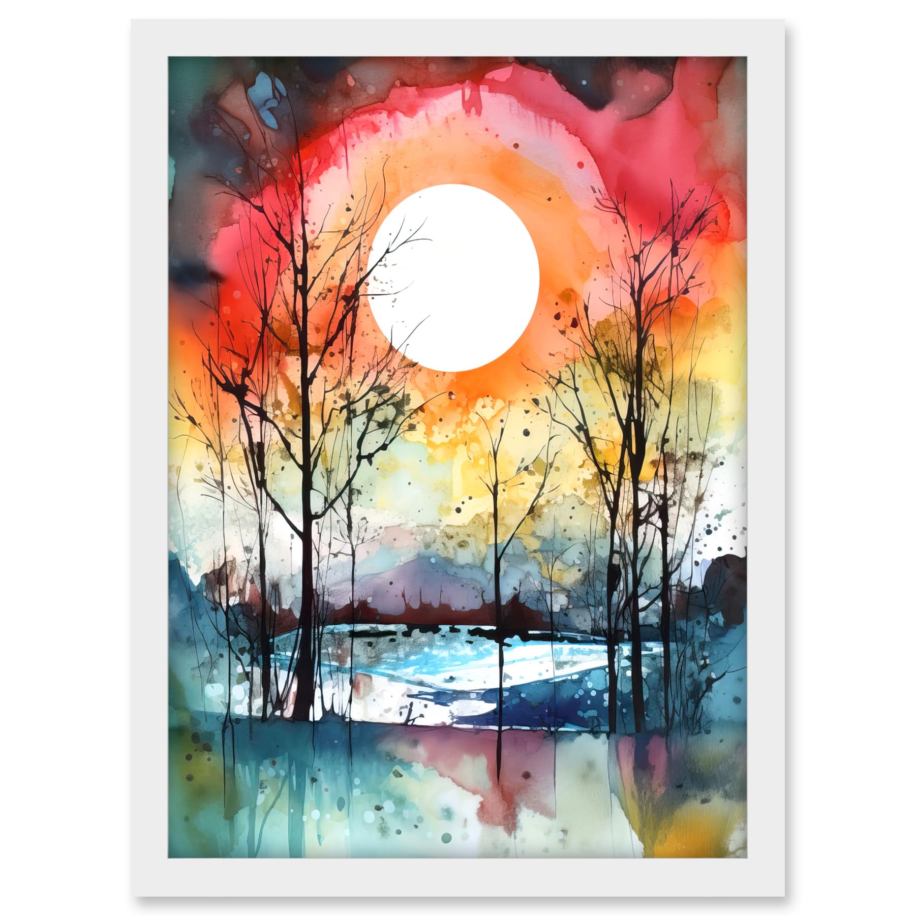 Artery8 Abstract Sunset Landscape Watercolour Painting Countryside Lake Autumn Trees Artwork Framed A3 Wall Art Print