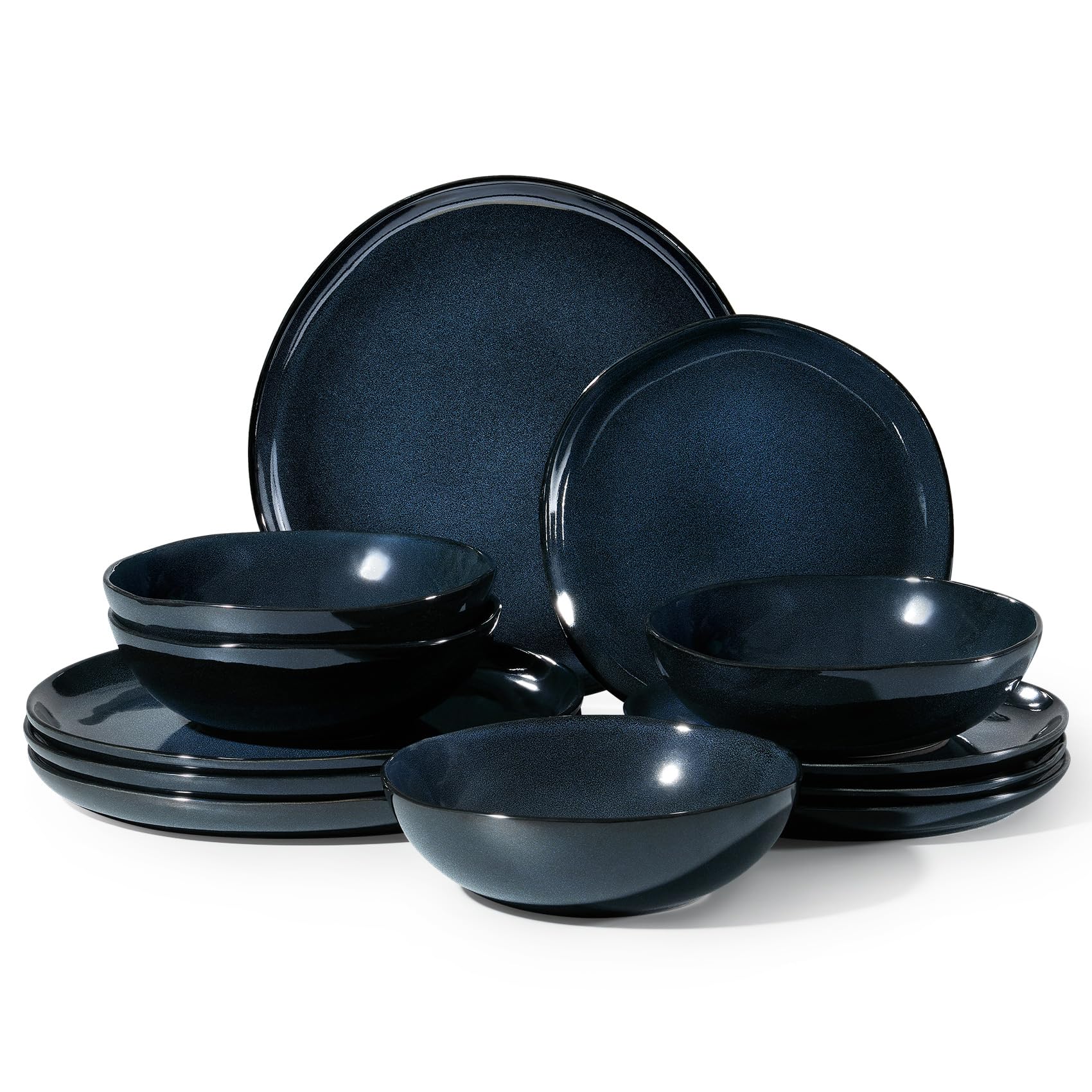 Homikit 12-Piece Dinner Set, Reactive Glaze Stoneware for 4 People, Irregular Dinnerware with Plates and Bowls, Non-Toxic & Scratch Resistant, Microwave and Dishwasher Safe - Nebulas Blue