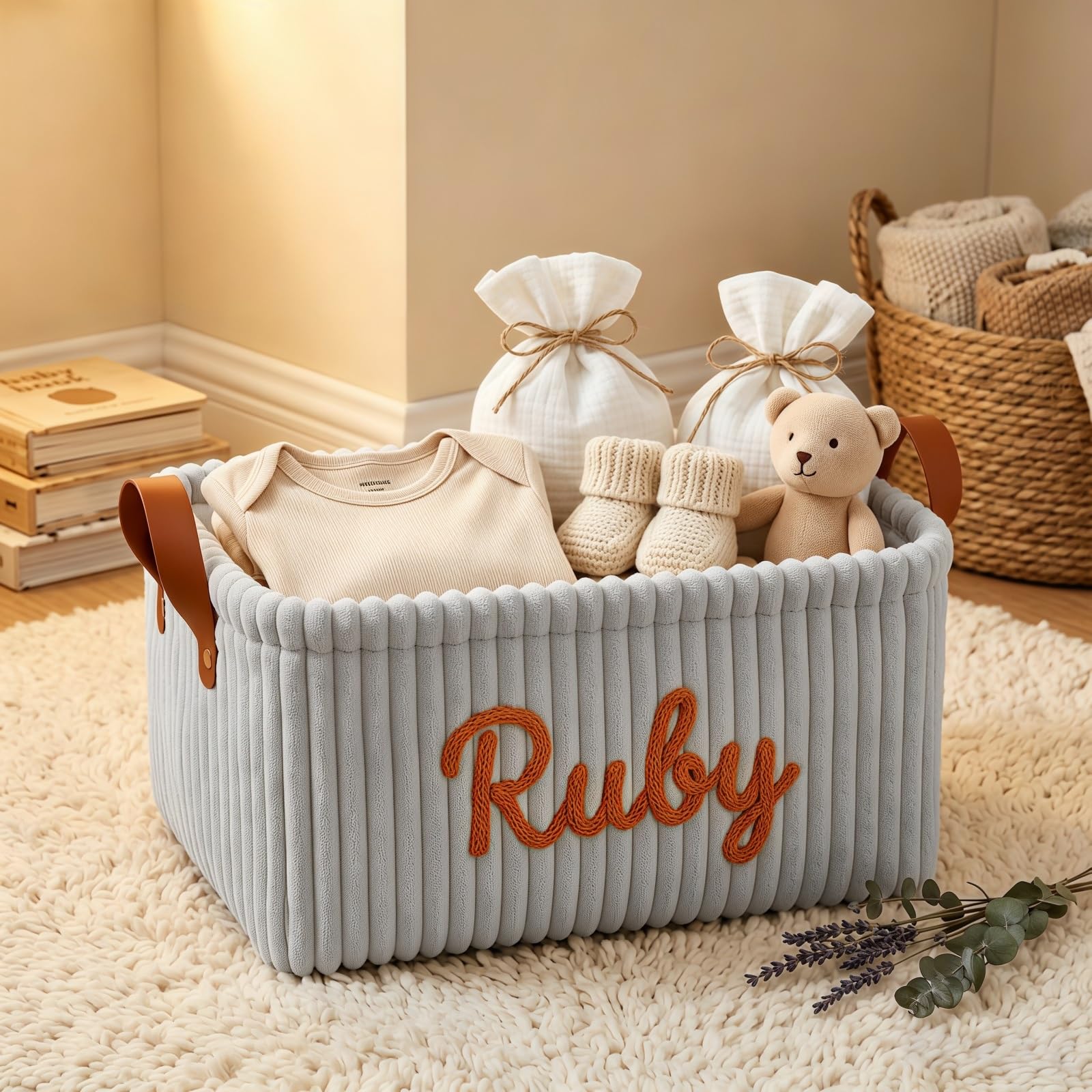 Personalized Newborn Gift Basket, Custom Name Corduroy Baby Storage Bin, Nursery Organizer Box, Keepsake Gift For Expecting Mother, Baby Shower(Light Gray)