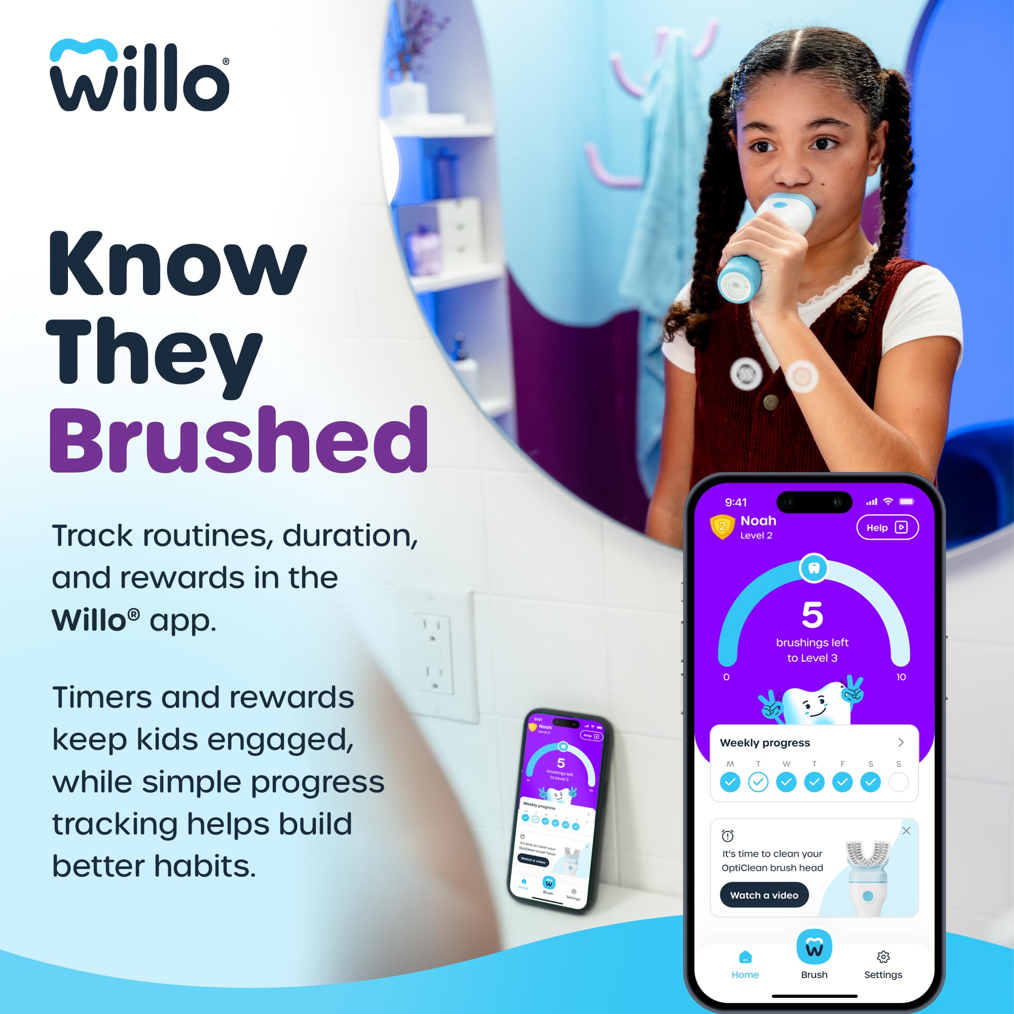 Willo BrushBot - Starter kit per bambini a forma di U, spazzolino automatico per bambini, timer da 2 minuti, connettività con app, setole morbide, ricaricabile, rimozione della placca, piccole bacche