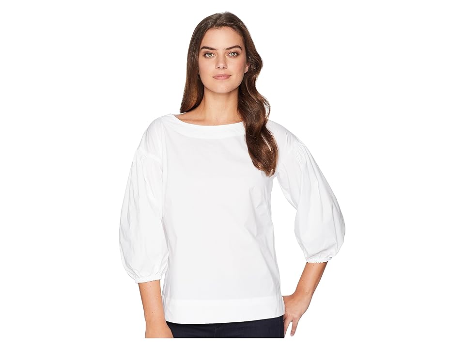 

LAUREN Ralph Lauren Stretch Cotton Bishop-Sleeve Top (White) Women's Clothing