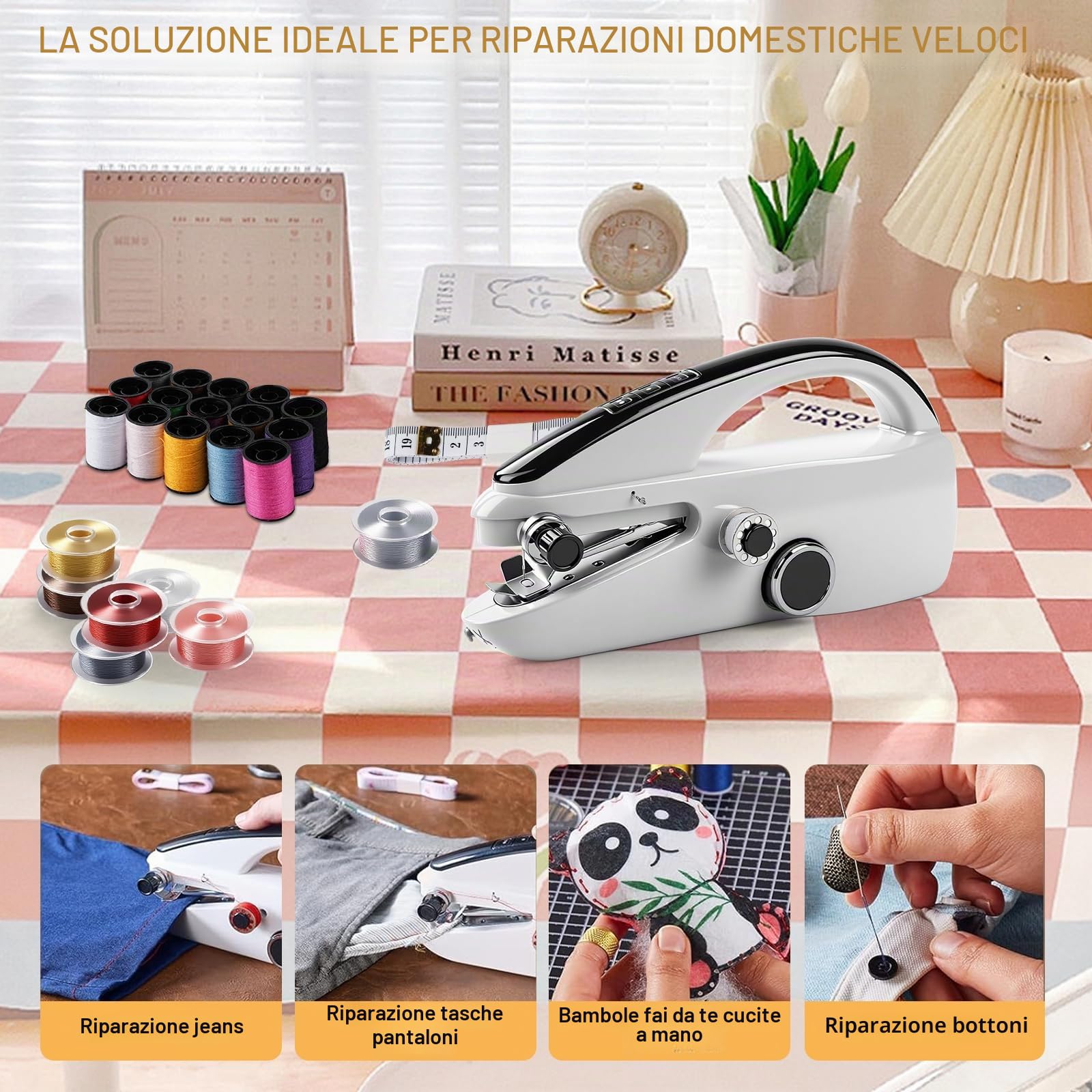 Macchina da cucire portatile per principianti, macchina da cucire elettrica manuale con scatola di stoccaggio, 20 fili, forbici, doppia alimentazione per riparazioni domestiche rapide e lavori fai da