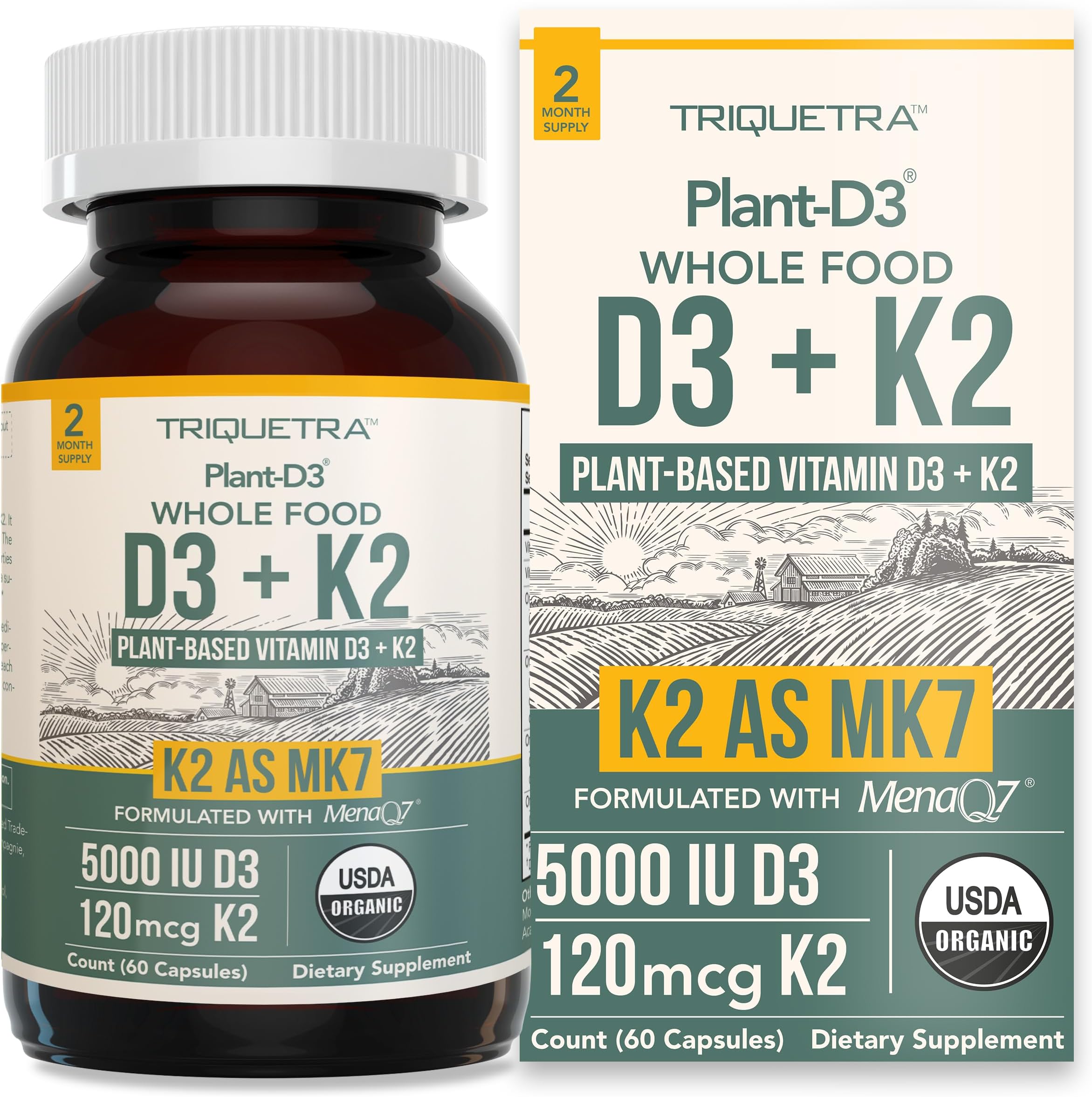 Organic Plant D3 + K2 | 5000 iu D3 + 120 mcg K2 as All-Trans MK7 from MenaQ7® - 100% Whole Food, Raw & Vegan | Enhanced Digestion with Prebiotic & Superfood Complex – D3 from Organic Algae (60 Count)