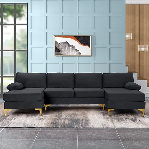 Miniatura 16 de Casa Andrea Milano Sofá seccional grande moderno de la forma de U de la tela del terciopelo, sofá doble extra ancho de la tumbona, trébol