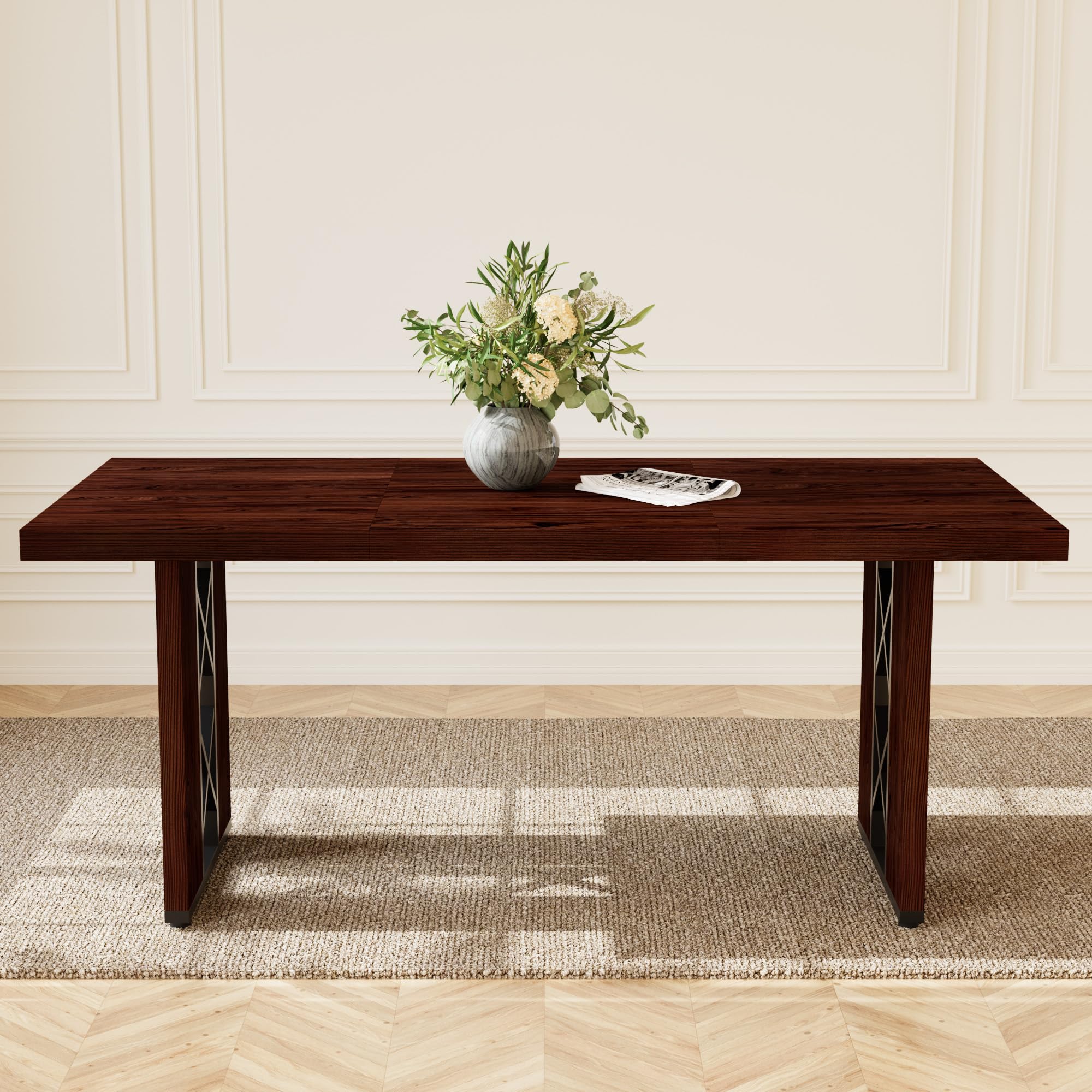 Esstisch im Landhausstil für 6 Personen, 180 cm großer rechteckiger Küchentisch mit robusten Metallbeinen, Moderne rustikale Esszimmermöbel im Industrial-Stil,Walnut
