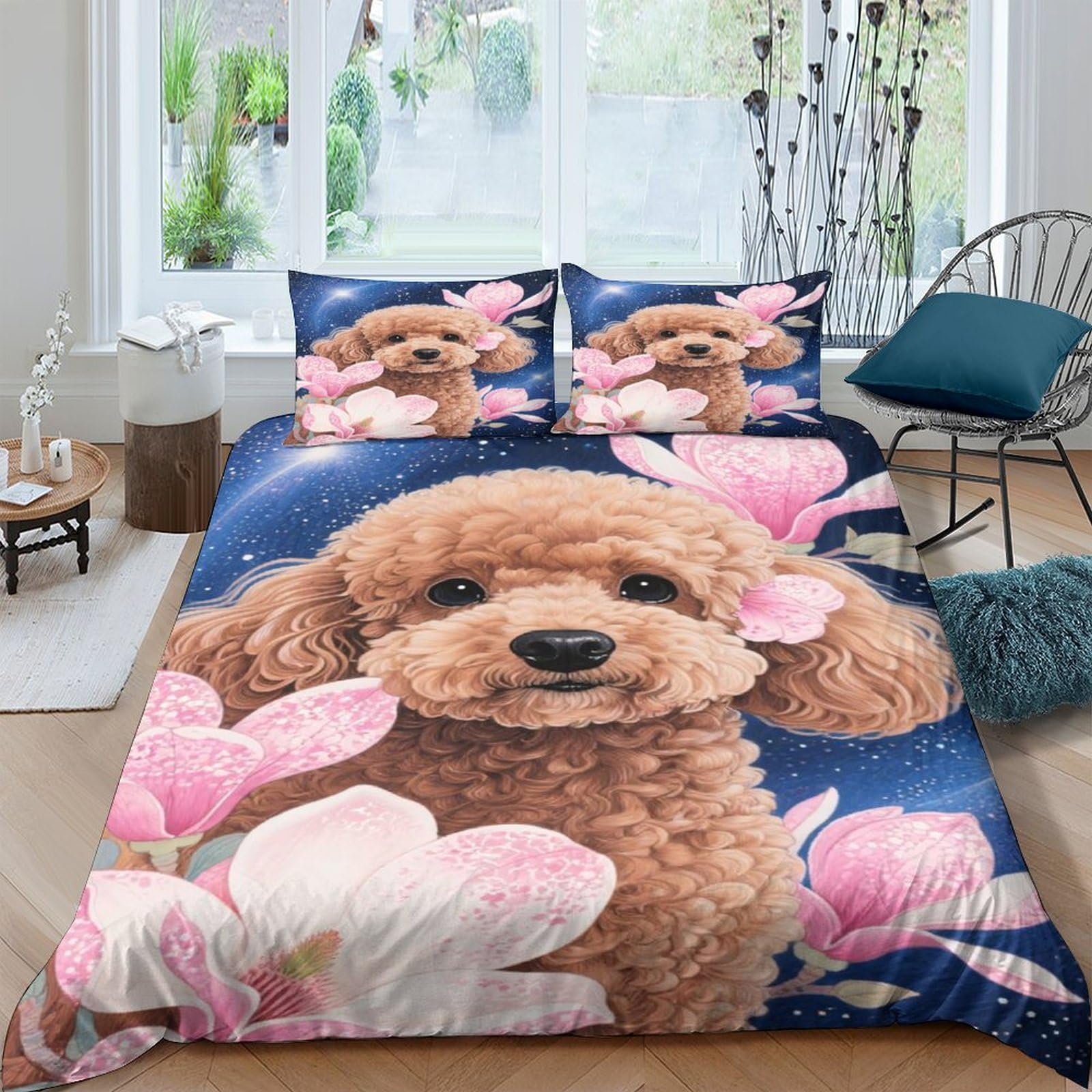 GPLZQXKJNH 3D Printed Cute Poodle Flower Duvet Cover Microfiber Soft Breathable Dog Bedding Set with 2 Pillowcases for Bedroom Decor Single（135x200cm）