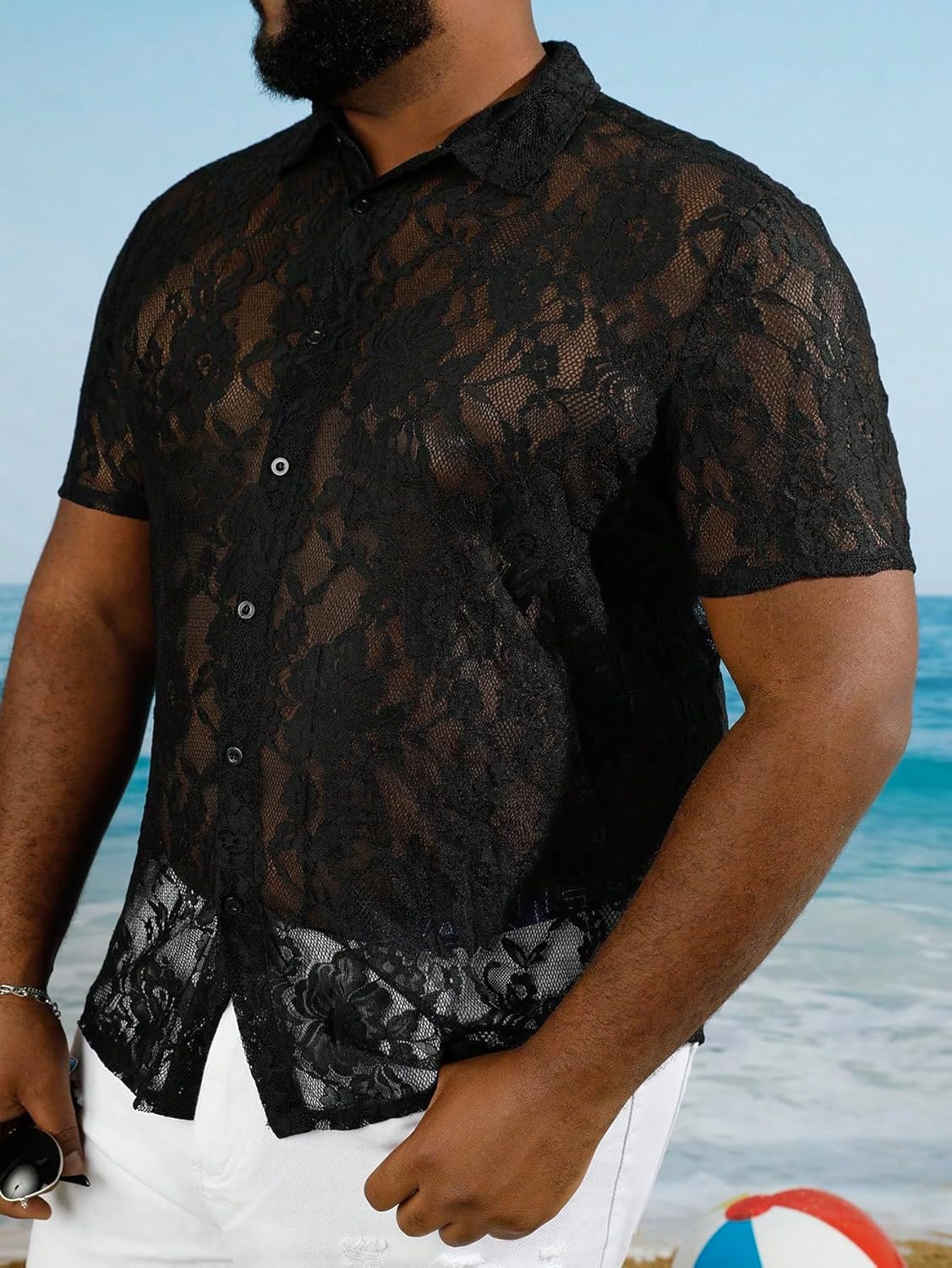 WDIRARA Men's Floral Lace Shirt Contrast Mesh Button Down Shirt Short Sleeve Blouse - Image 4