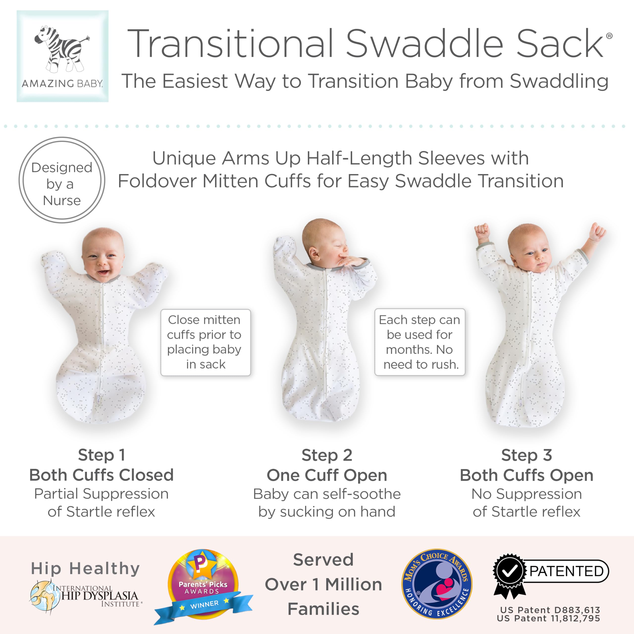 Amazing Baby Übergangs-Pucksack Baby, Pucktuch & Puckschlafsack für Neugeborene mit Arme-nach-Oben-Design, halblangen Ärmeln & Fäustling-Bündchen, M, 3-6 Monate, Confetti