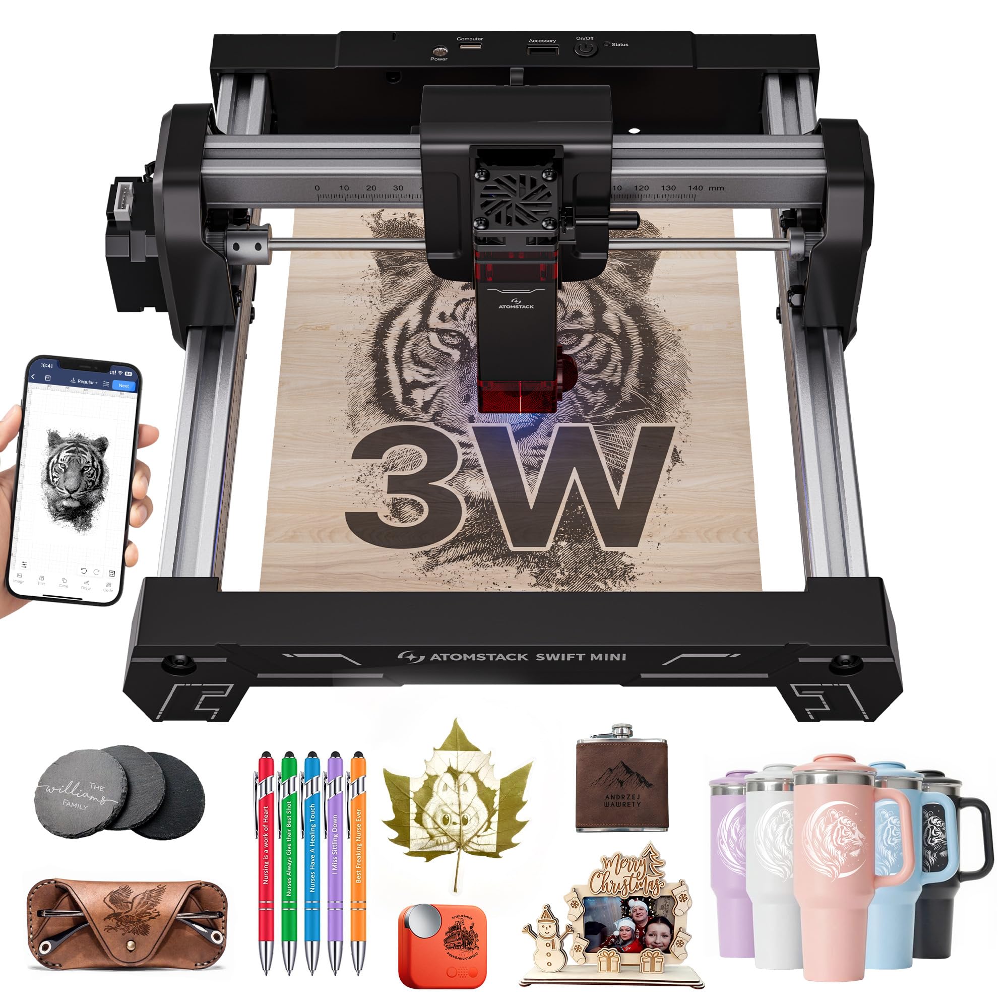 ATOMSTACK SWIFT MINI 3W Machine de Gravure Laser Modèle d'entrée de Gamme Entièrement Préinstallé Graveur Laser DIY Surface de Gravure 145×135mm Précision de 0,04 mm pour Bois, Artisanat 3000 mW