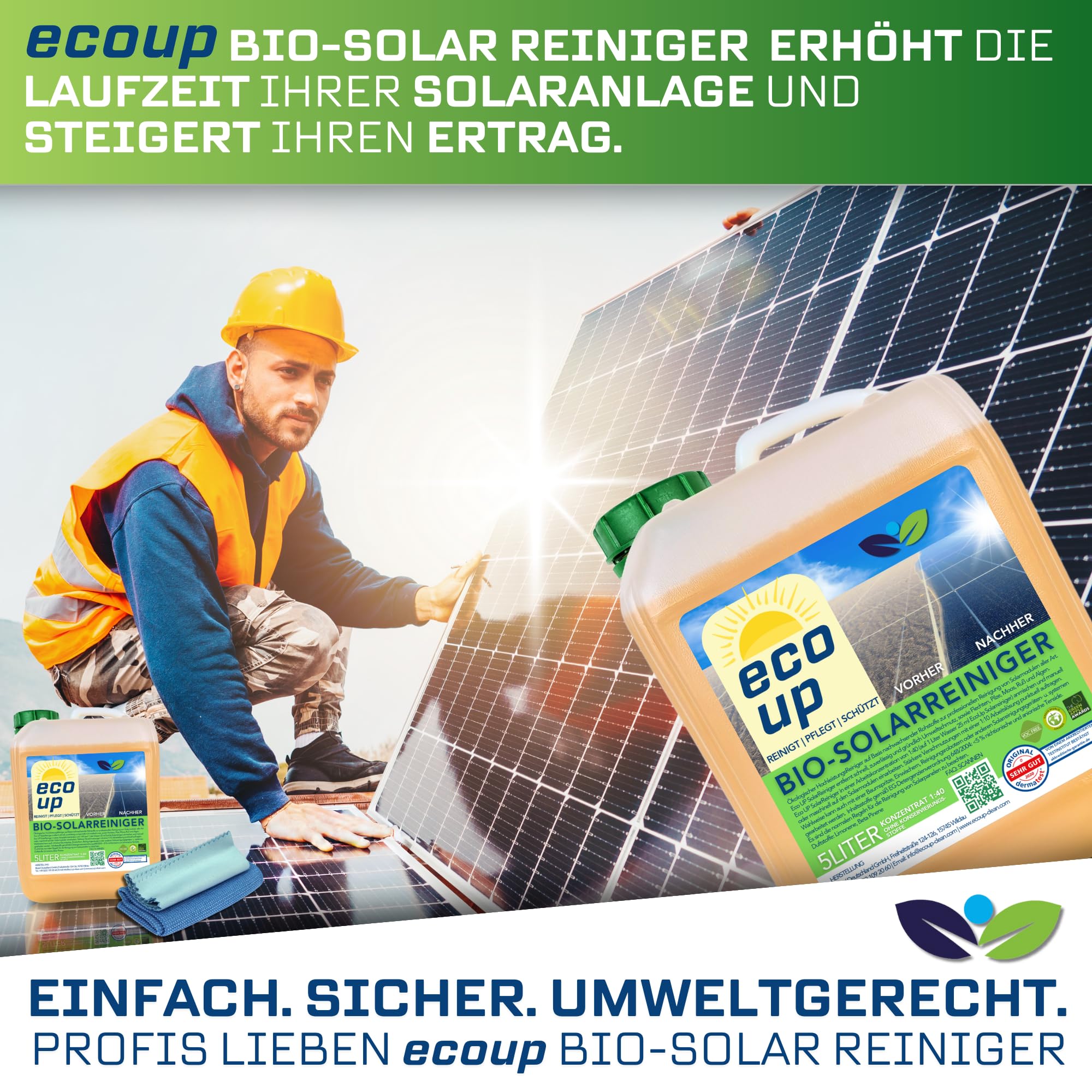 Bio-Solarreiniger, 5 Liter, Konzentrat 1:40 verdünnbar, Photovoltaik, Balkonkraftwerk, Solarmodul Reiniger, biologisch abbaubar, materialschonend, ergiebig, langlebig, inkl. Auslaufhahn