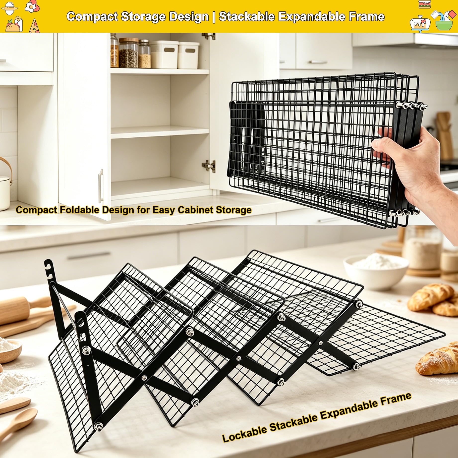 Grille de Refroidissement Patisserie en acier inox 4 Niveaux Antiadhésive Pliables et Empilables 40 x 25 cm, Pince Cuisine Silicone et Papier Cuisson Prédécoupé, pour biscuits, gâteaux, muffins, pain