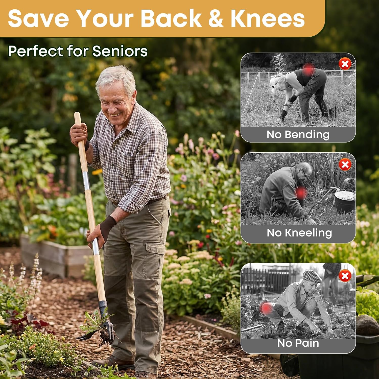 Donepart Stand Up Weed Puller Tool, Long Handle Weeder & Hand Weeder Fork Set - 46" No-Bend Deep Root Remover for Lawn, Garden & Yard, Seniors & Bad Back Friendly, Fits 5'2"-6'2", Bamboo Handle