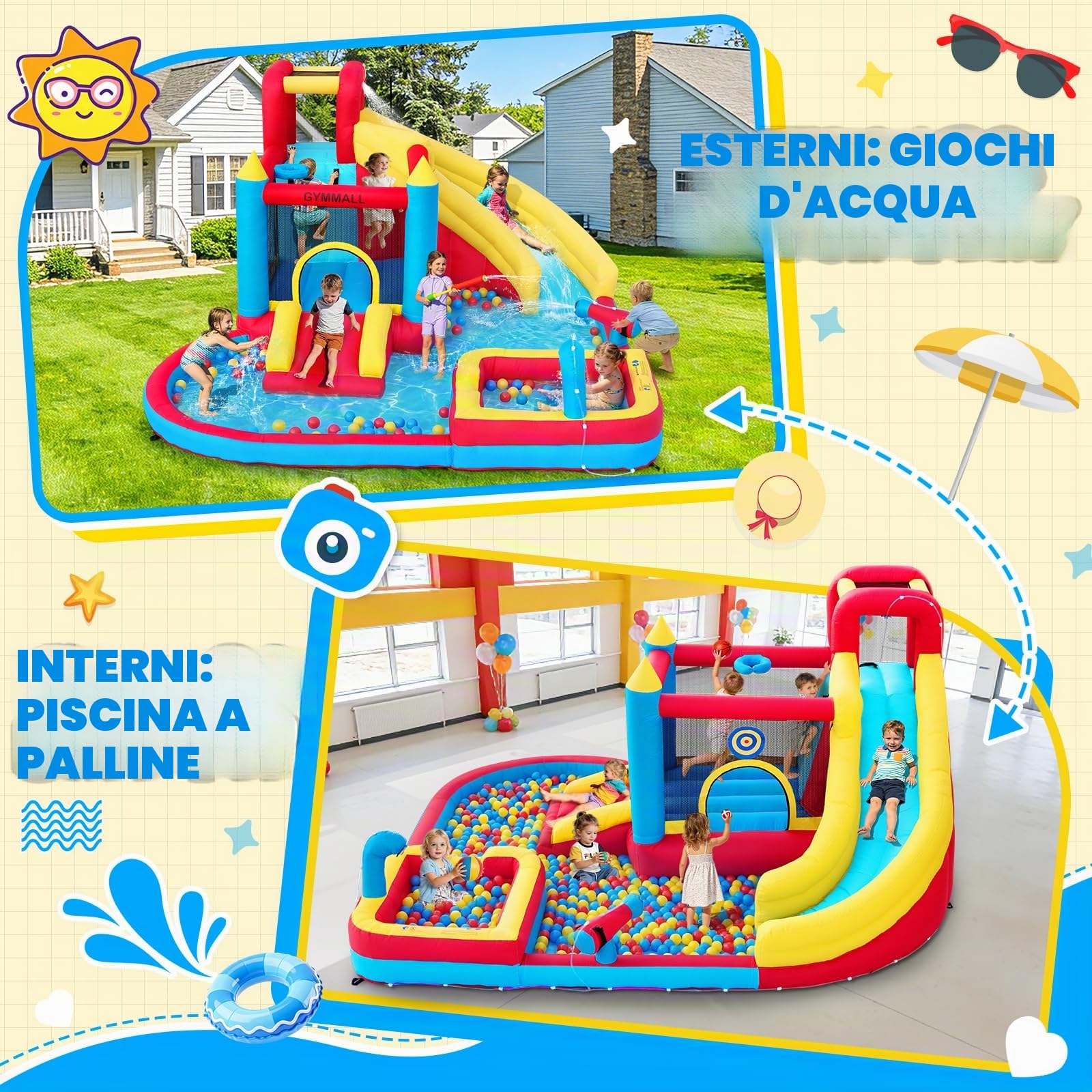 Castello Gonfiabile per Bambini, 8-in-1 con Ventilatore 480W, Scivolo Lungo, Parete da Arrampicata, Trampolino e Piscina, adatto per divertimento interno ed esterno in vacanza