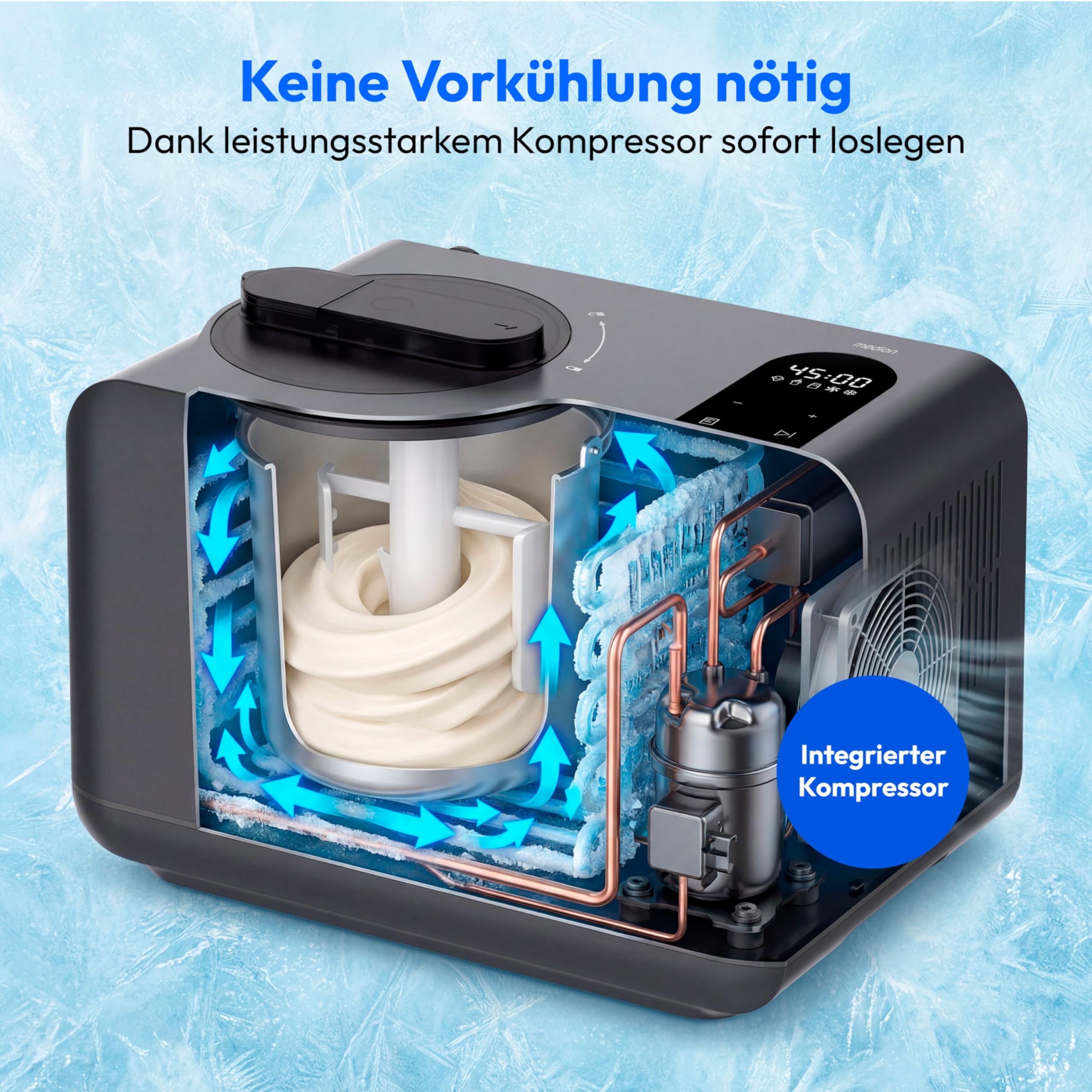 MEDION Eismaschine mit Kompressor 1,5 Liter, Eiscreme Joghurt & Slush ohne Vorkühlen, Touch-Display, MD 100087