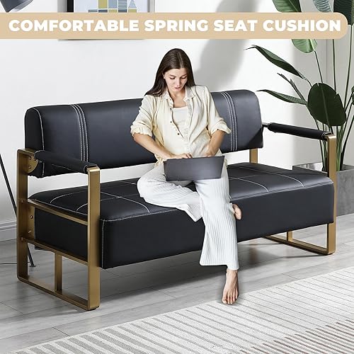 Miniatura 3 de Sofá biplaza moderno de cuero de 57.9 pulgadas, tapizado de piel sintética con brazos cuadrados de metal para sala de estar, oficina, apartamento