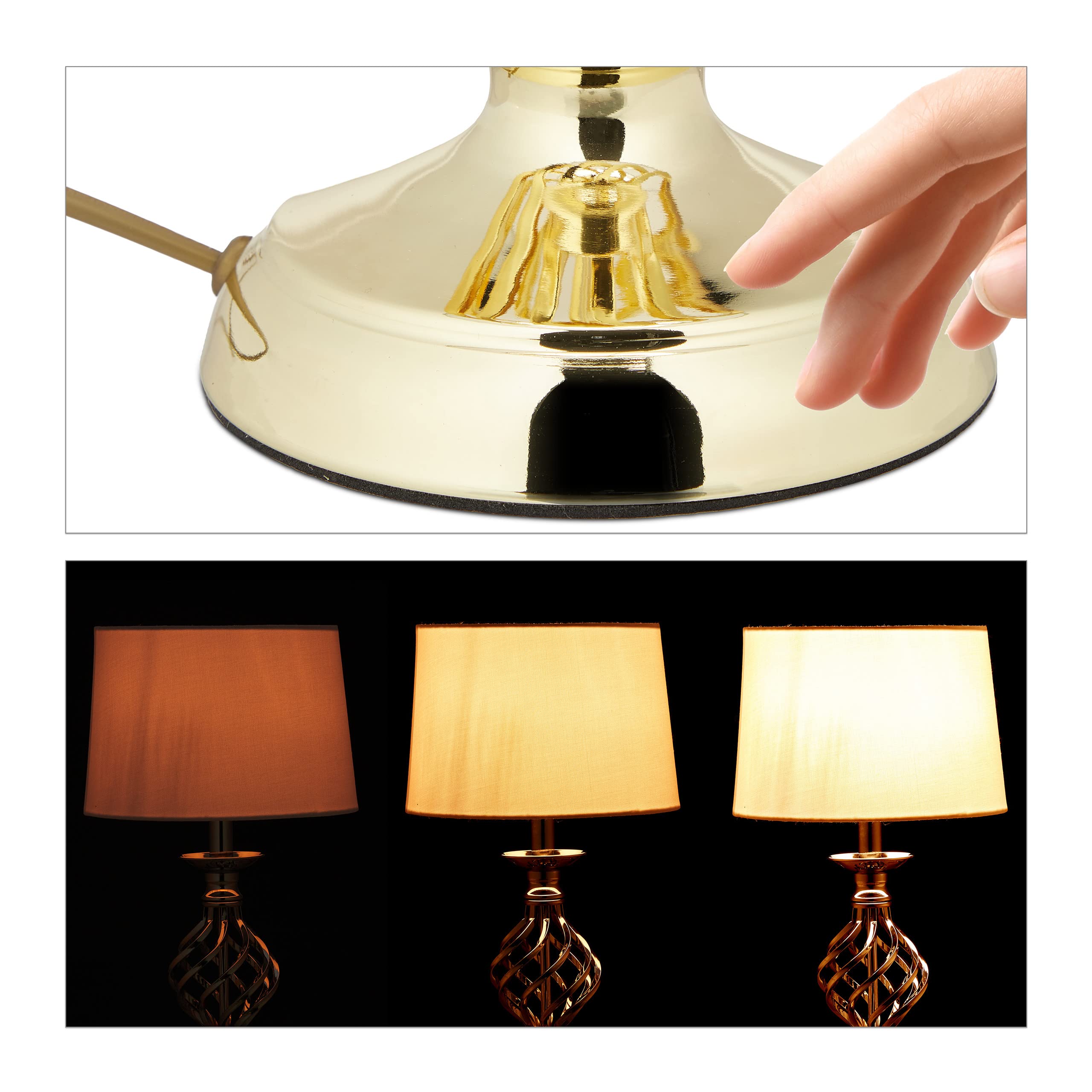 Relaxdays Tischlampe modern, Nachttischlampe Touch, 3 Stufen dimmbar, E14 Tischleuchte edel, HxD 43,5 x 25 cm, gold/weiß
