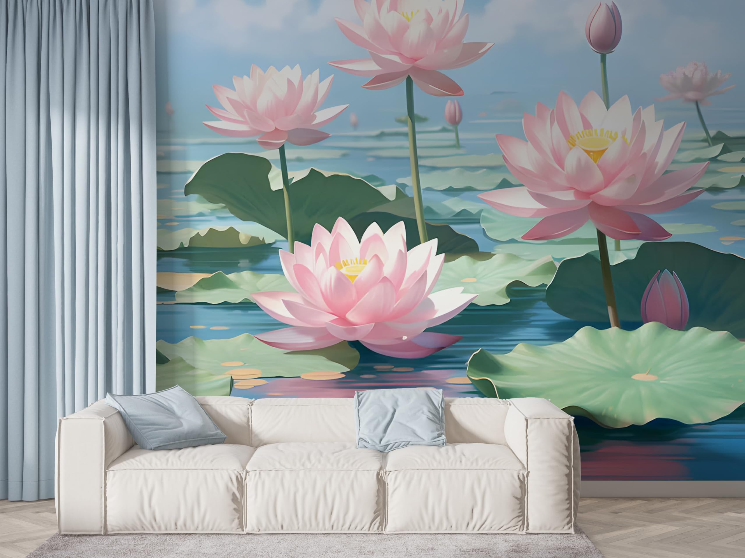 Papier peint panoramique lotus aquarelle intissé autocollant 300x210 cm