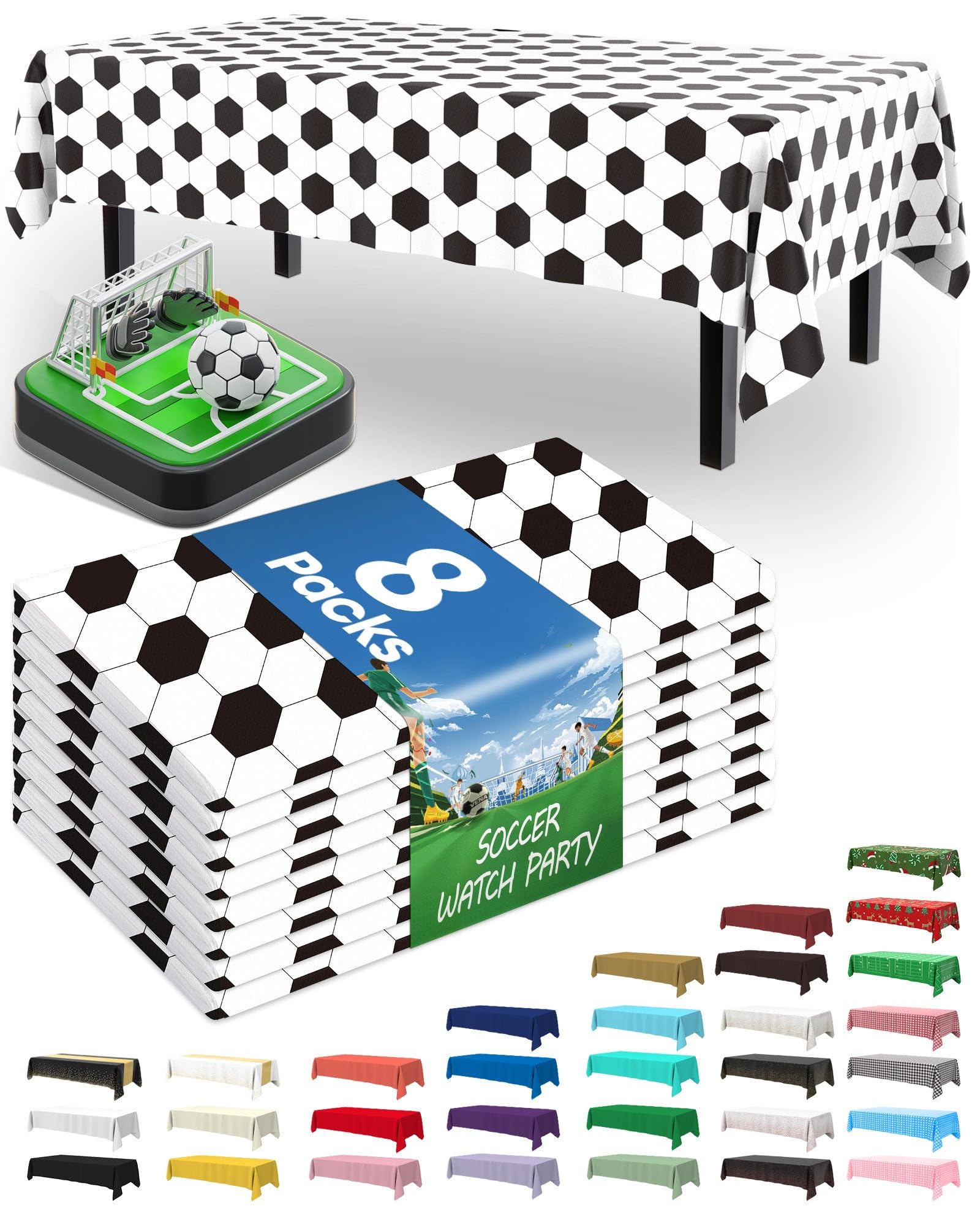 Pureegg Soccer Party Decorations 2026 Plastic Tablecloth Disposable 8 Pack, Rectangle Table Cover 54 x 108 Inch, Sturdy Leakproof Plastic Table Cloth for Soccer Birthday Party, White and Black Soccer
