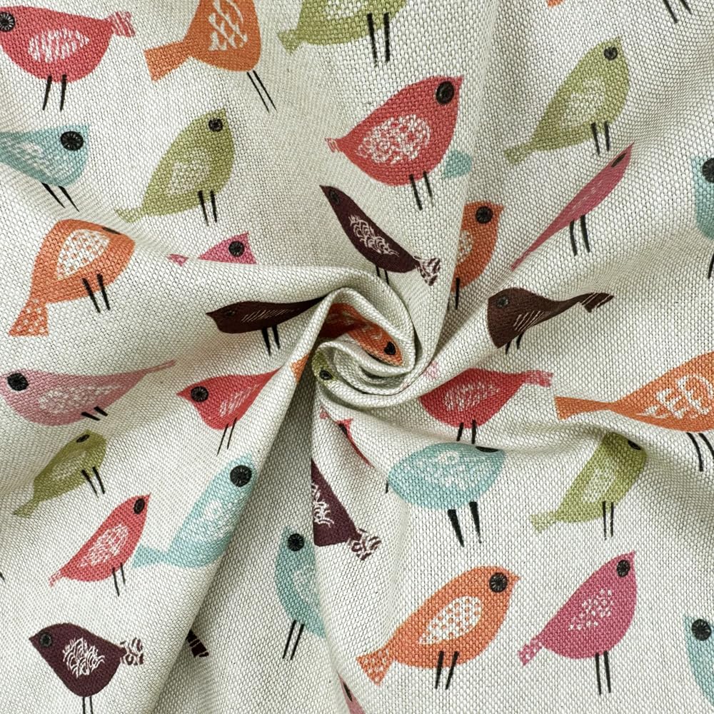 Glamour Secrets Multicoloured Linen Look Fabric - Bright Multi Scandi Bird Print - Cotton Rich Canvas Upholstery Fabric Material Metre - 140Cm Wide
