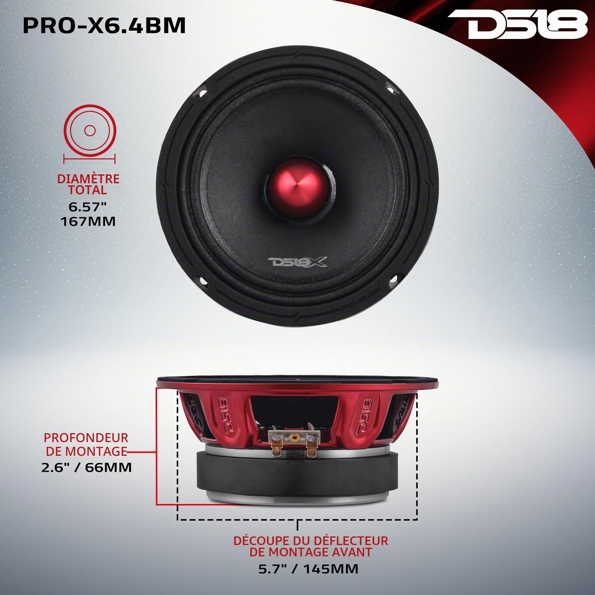 DS18 Pro-X6.4BMPK Ensemble Complet Moyen et Haut – Comprend 2 Haut-parleurs médiums de 16,5 cm et 2 tweeters Super Bullet en Aluminium de 2,5 cm – Haut-parleurs de Porte pour système Audio stéréo de