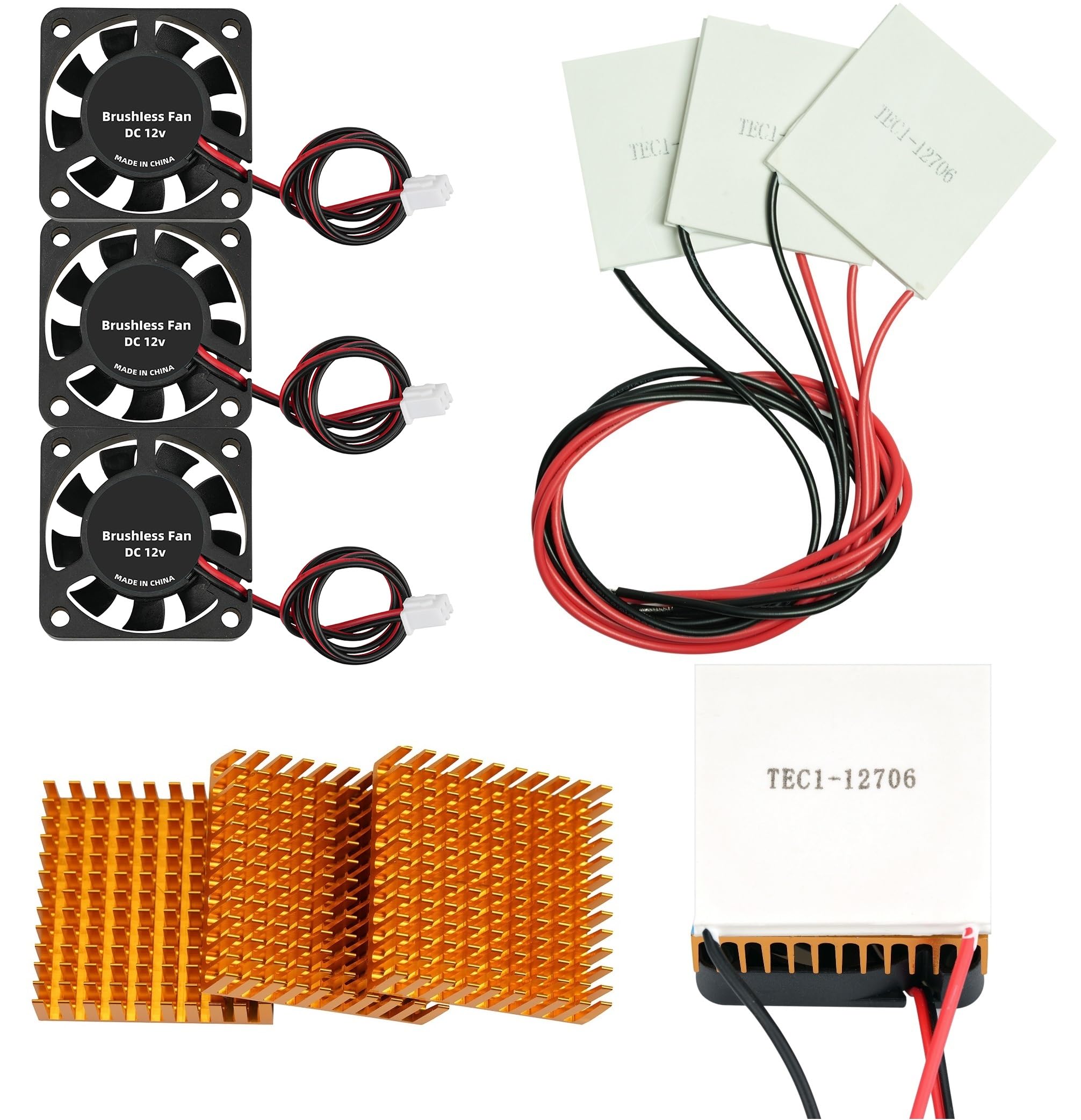 3 Sets TEC1-12706 Peltier Cooler Module kit 6A 12V Cooling Panel + Aluminum Heat Sinks + 12V Cooling Fan