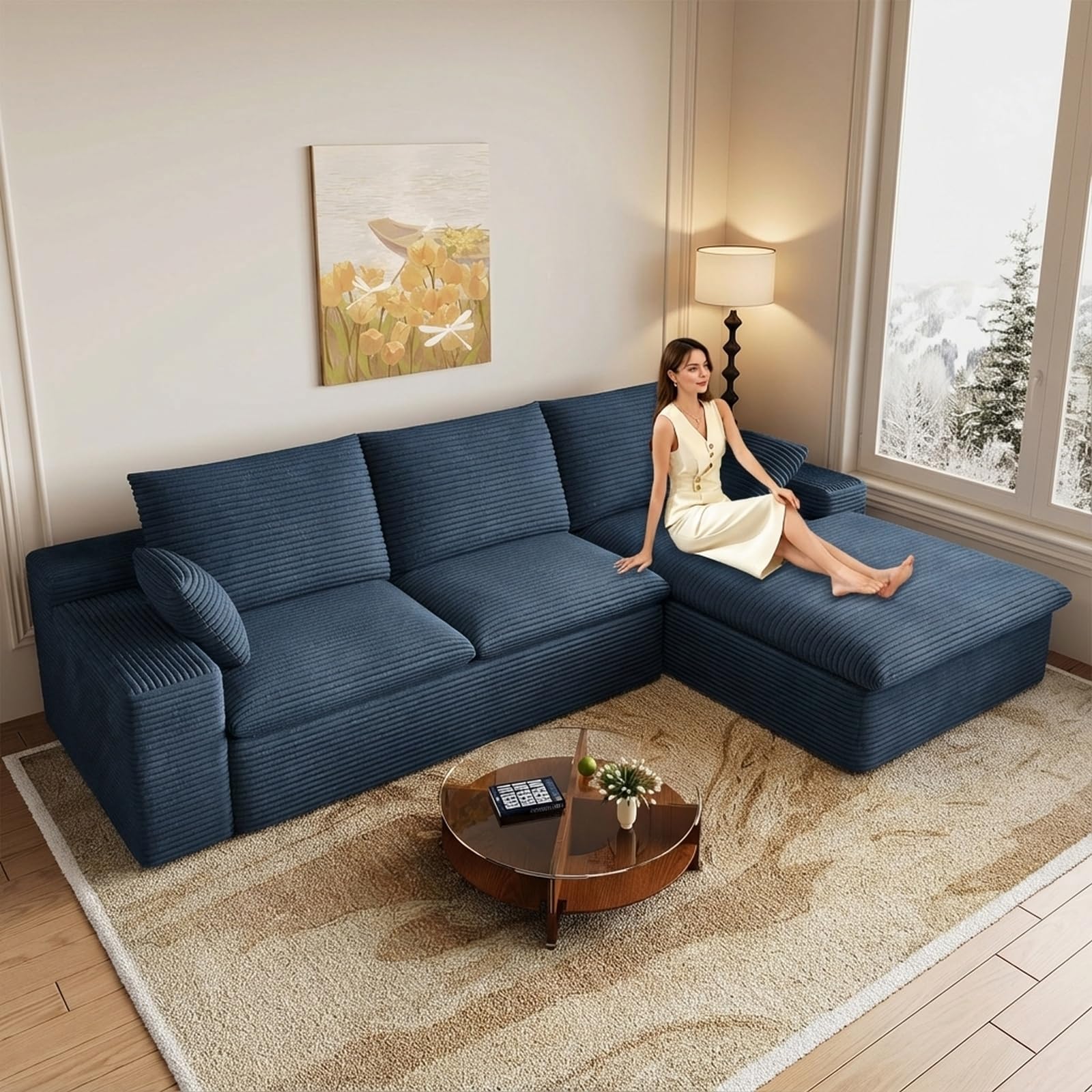 107" Cloud Couch Modular Sectional Sofa for Living Room, L-Shape Boneless Couch with Deep Seat, Modern Corduroy 3-Seater, No Assembly Required (Blue,Right-Facing Chaise)