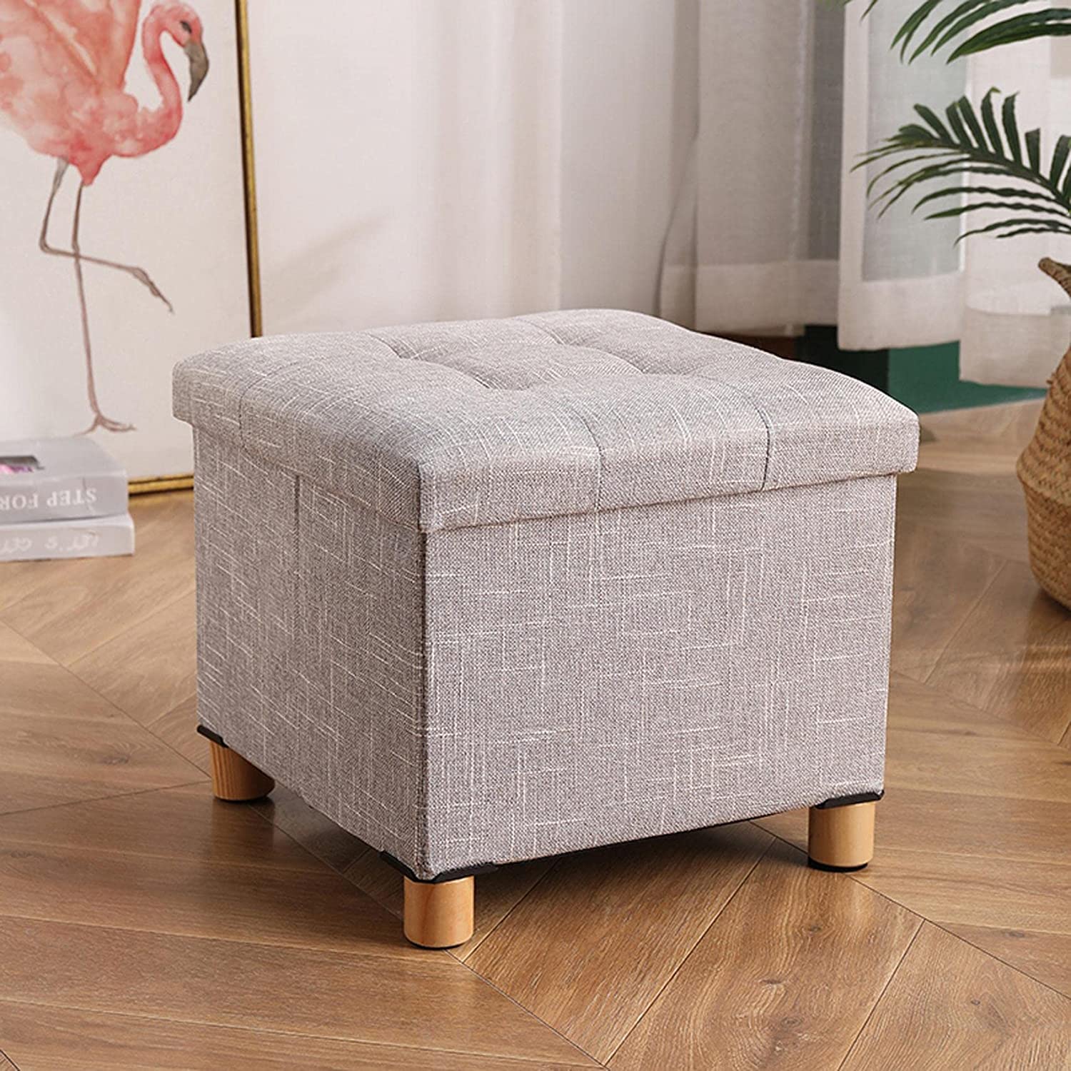 LMMIAOZ Storage Footstool Ottoman, Square Linen & Cotton Footrest for Shoe Changing, Cozy Footstool for Living Room & Bedroom, Grey Accent Furniture