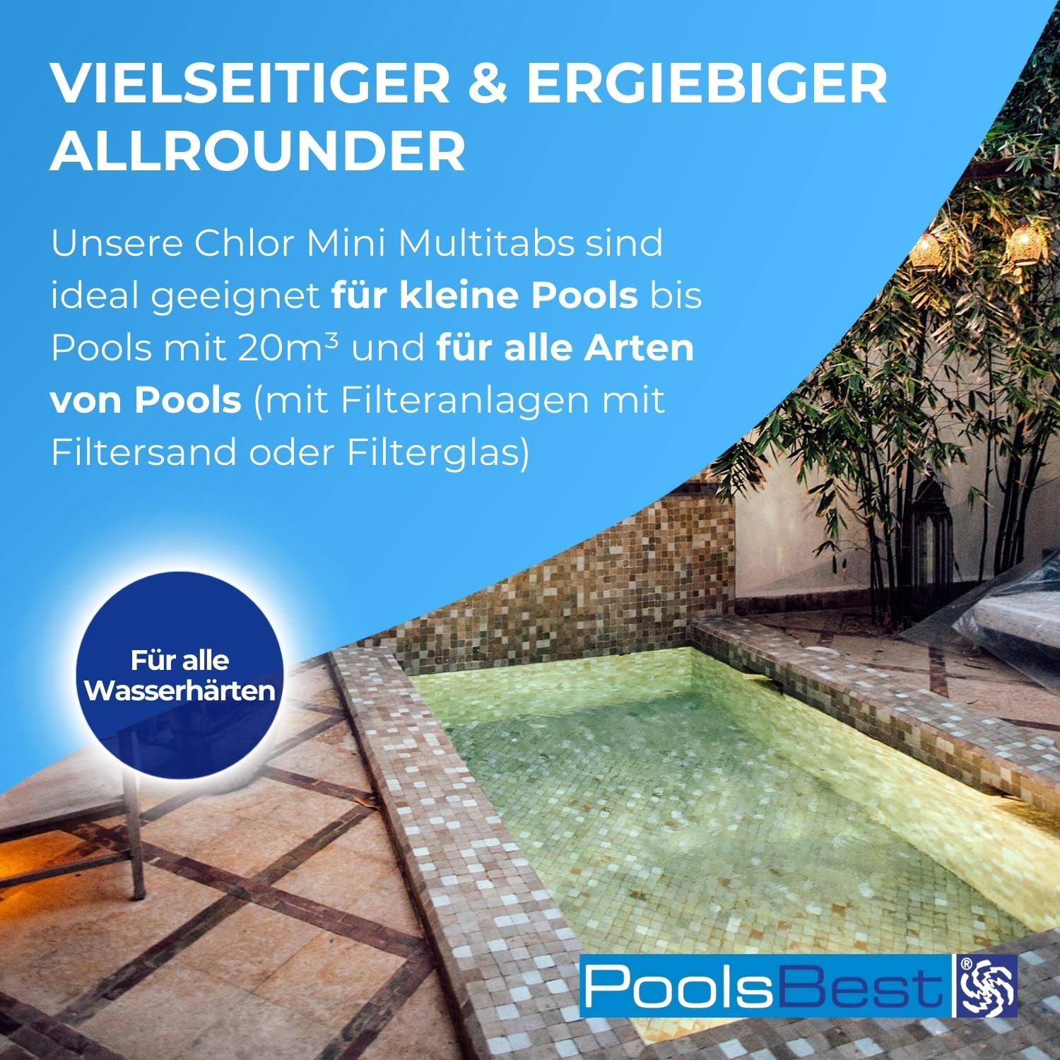 PoolsBest 1kg Chlor Mini Multitabs 5 in 1 I 20g Mini Chlortabletten für Pool/Whirlpool/Aufstellpool & Planschbecken I All in One Poolpflege Tabs I Reinigungstablette für Pools bis 20m³